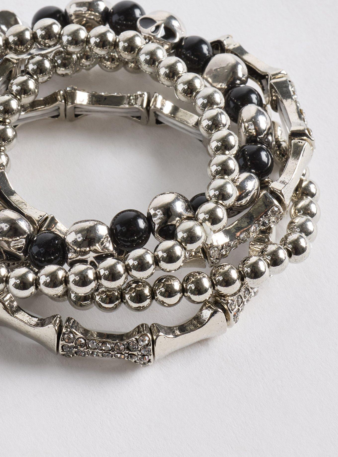 Plus Size Skull Stretch Bracelet Set, SILVER, alternate