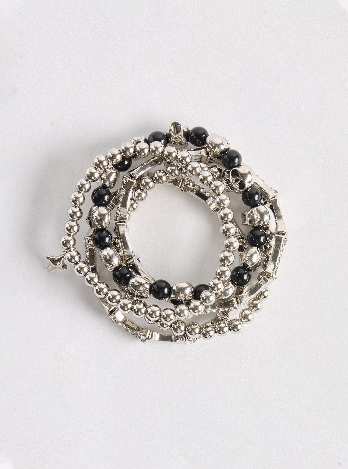 Plus Size Skull Stretch Bracelet Set, SILVER, hi-res