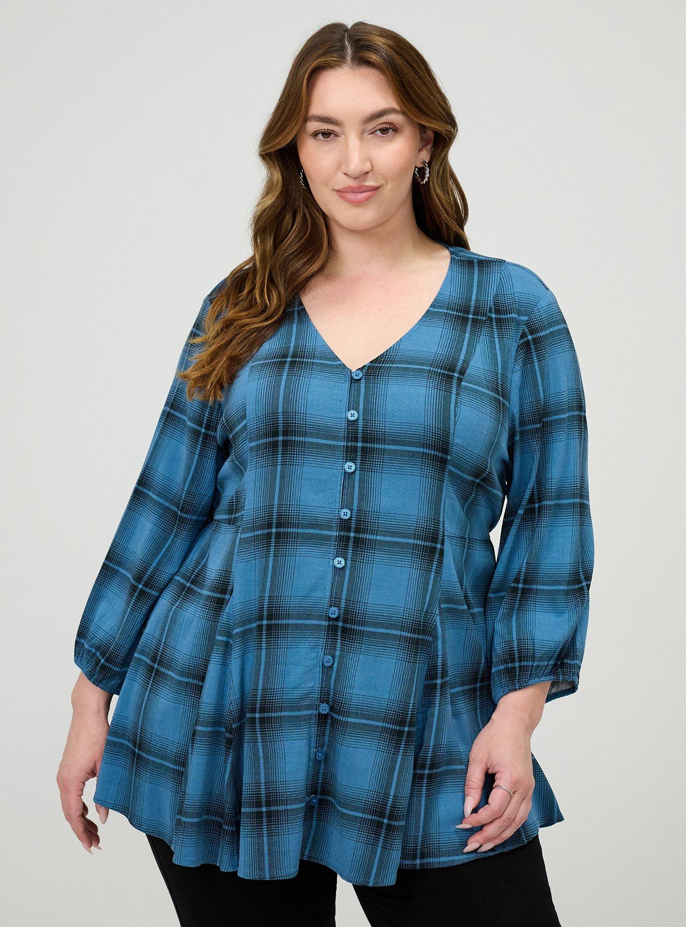 Fit & Flare Button Front Top, FADING PLAID STELLAR, hi-res