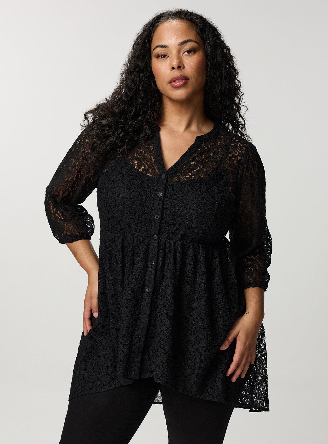 Plus Size 3/4 Sleeve Lexie Babydoll High-Low Tunic, DEEP BLACK, hi-res