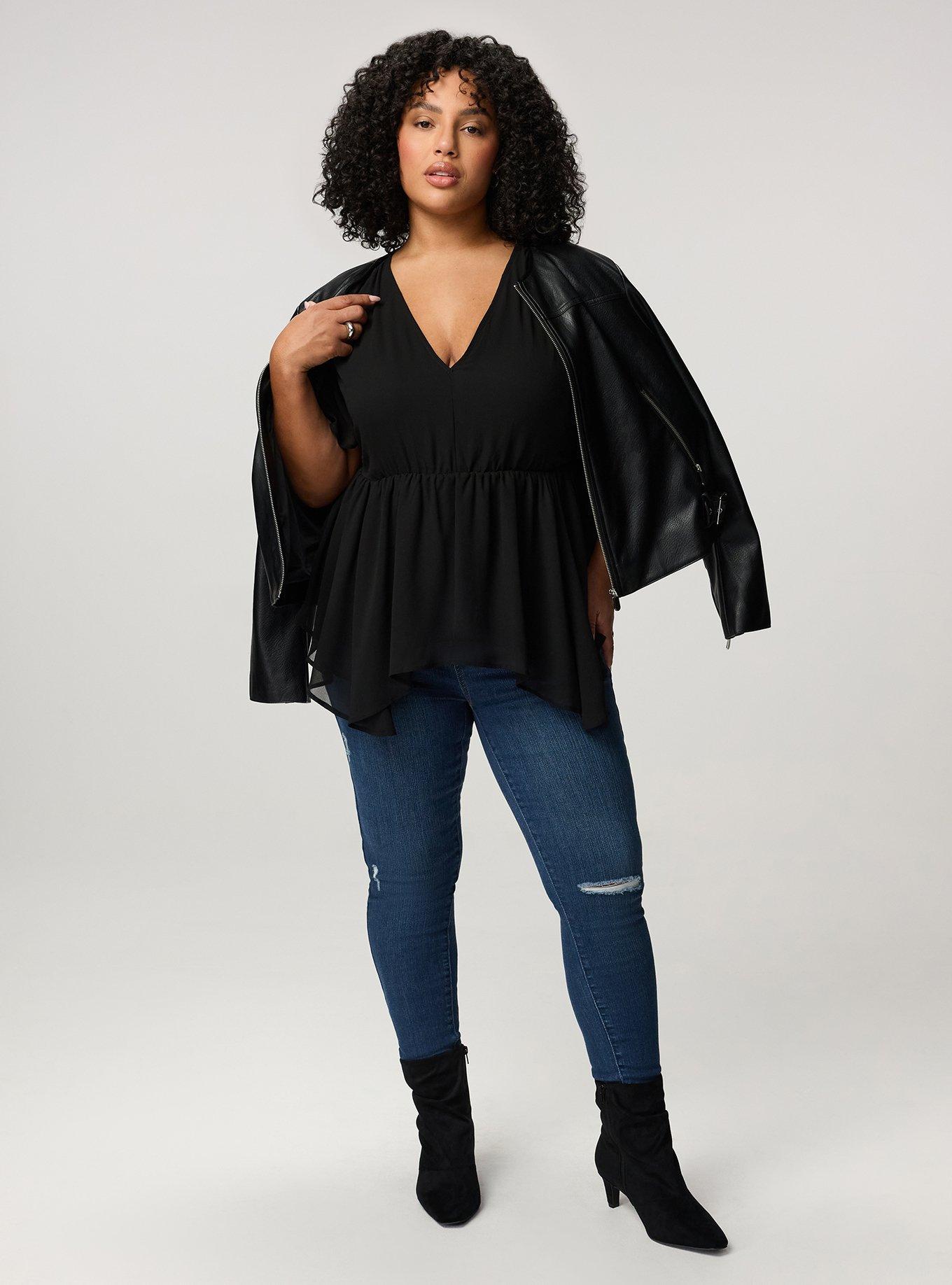 V-Neck Babydoll Top, DEEP BLACK, alternate