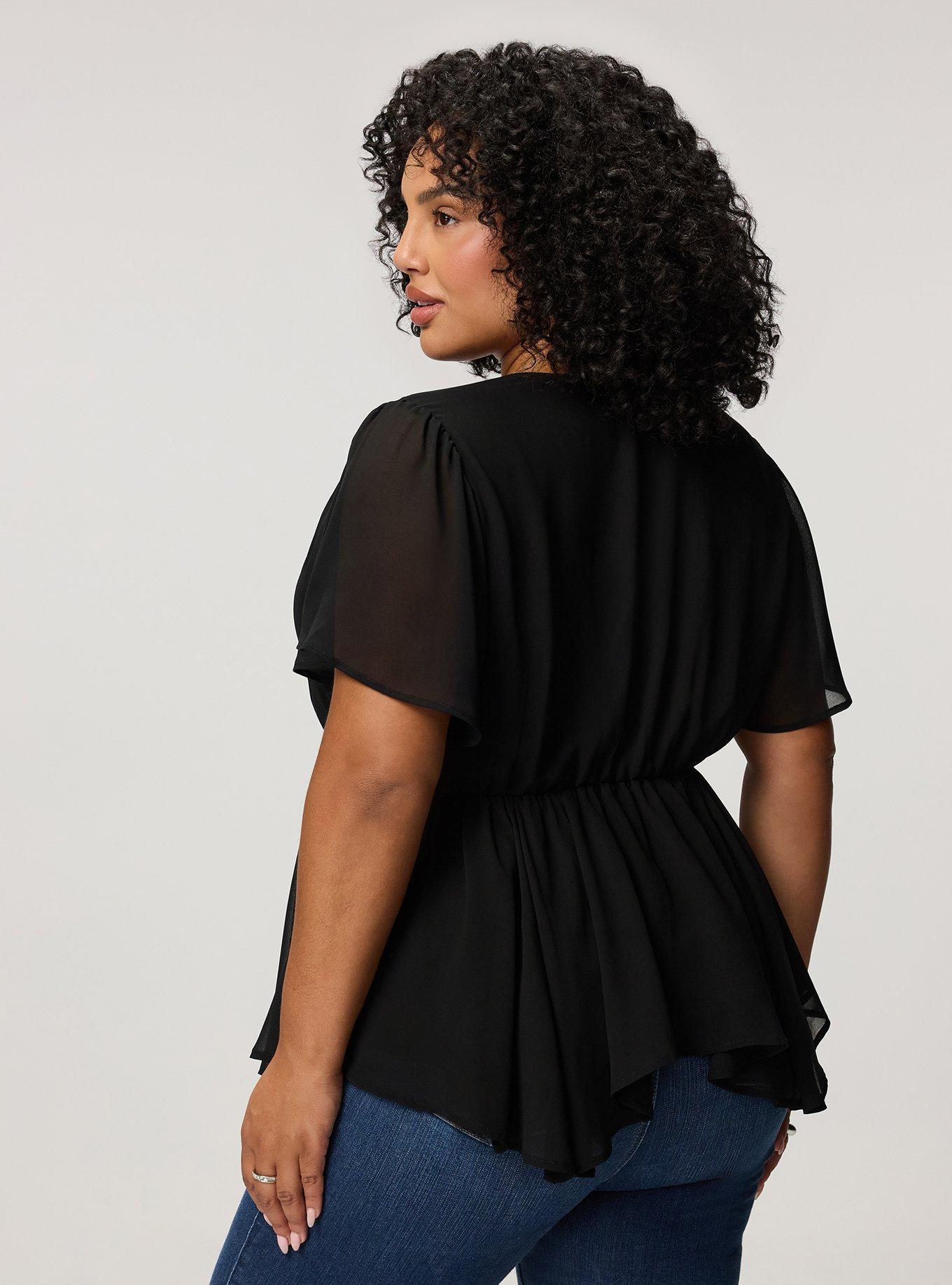 V-Neck Babydoll Top, DEEP BLACK, alternate
