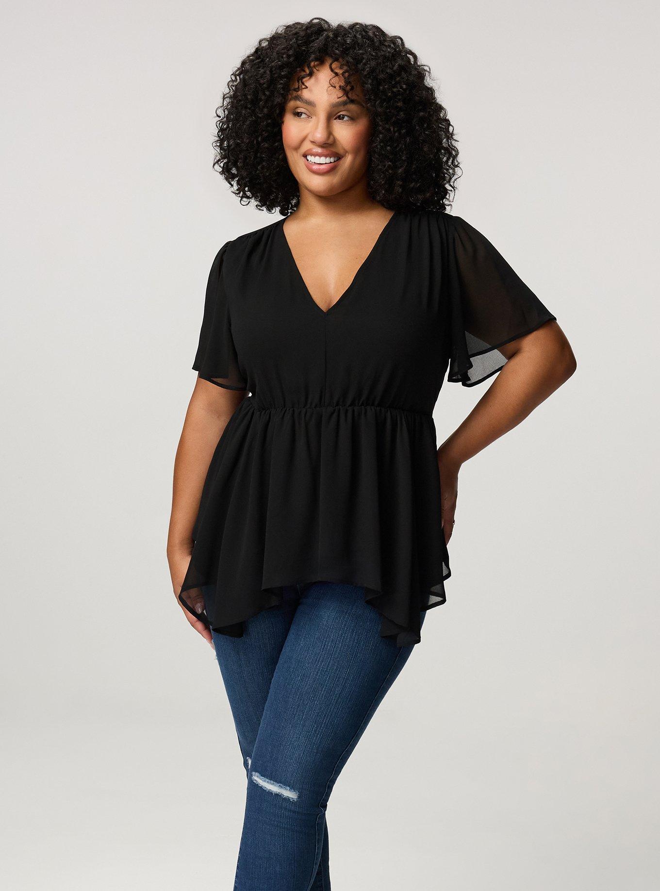 V-Neck Babydoll Top, DEEP BLACK, alternate