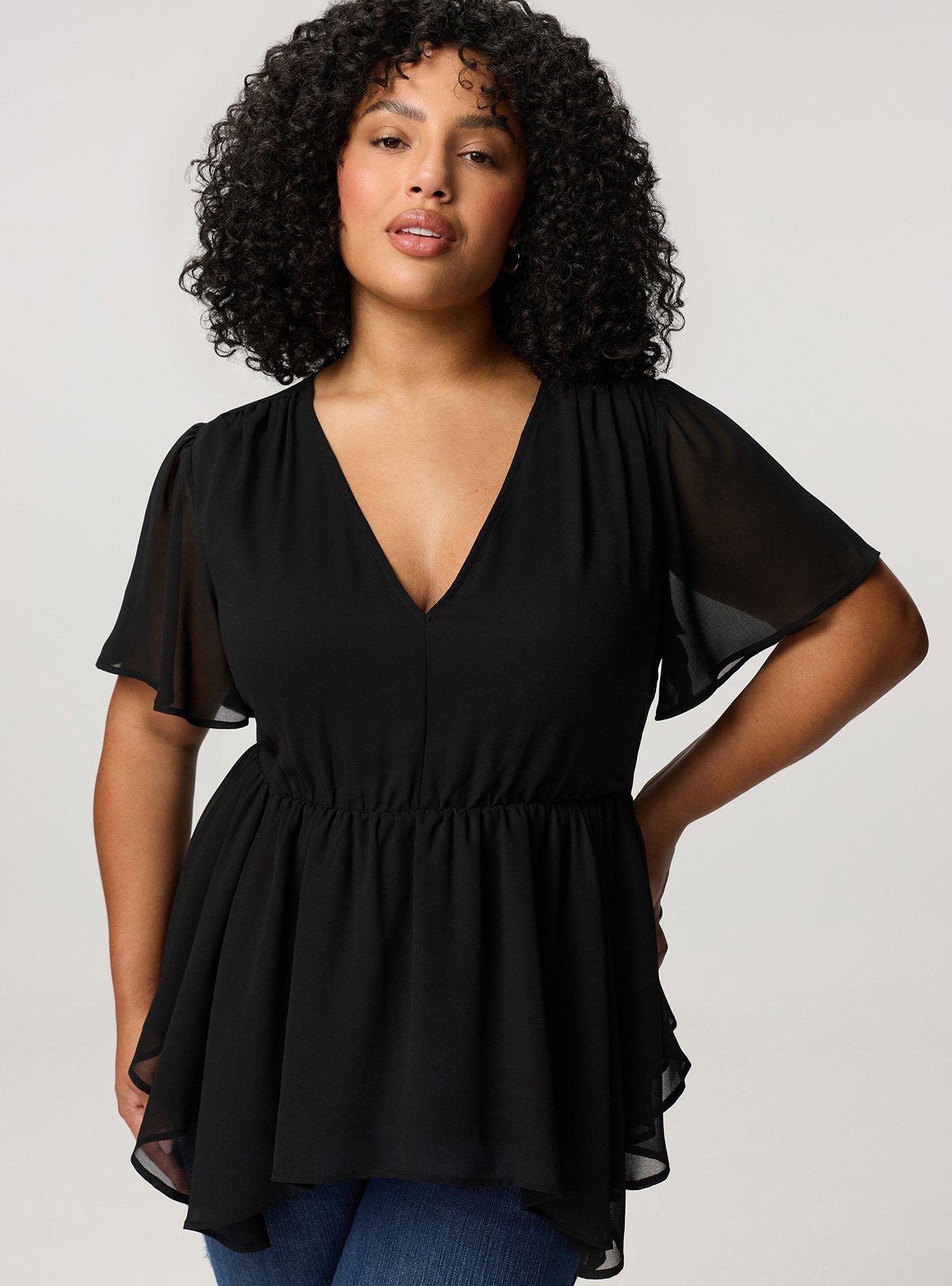 V-Neck Babydoll Top, DEEP BLACK, hi-res