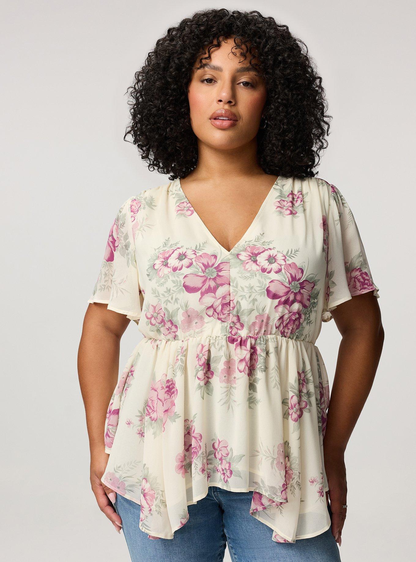 V-Neck Babydoll Top, JANICE FLORAL IVORY, hi-res