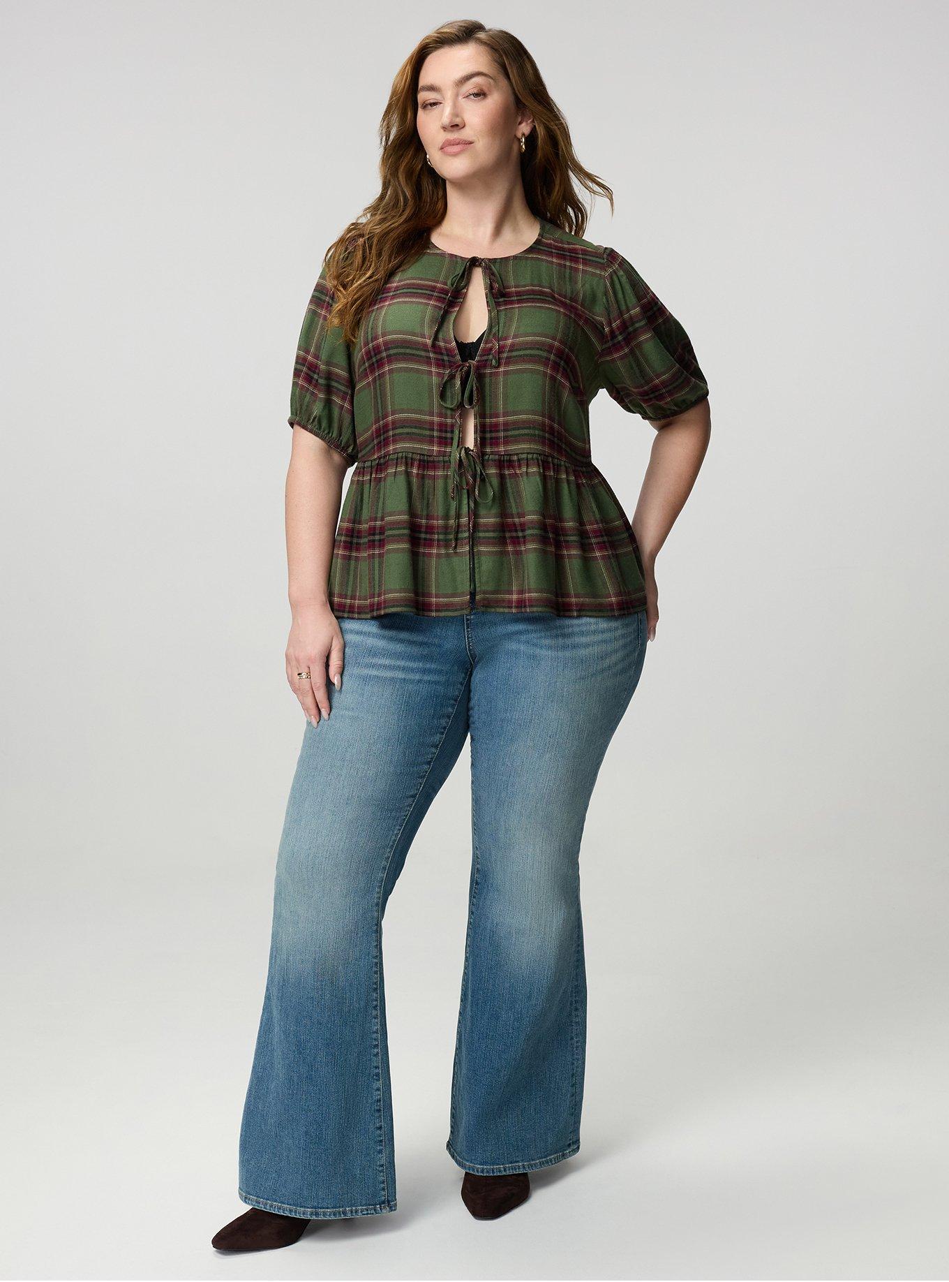 Flannel Tie Front Blouse, NEO PINKY PLAID OLIVE, alternate
