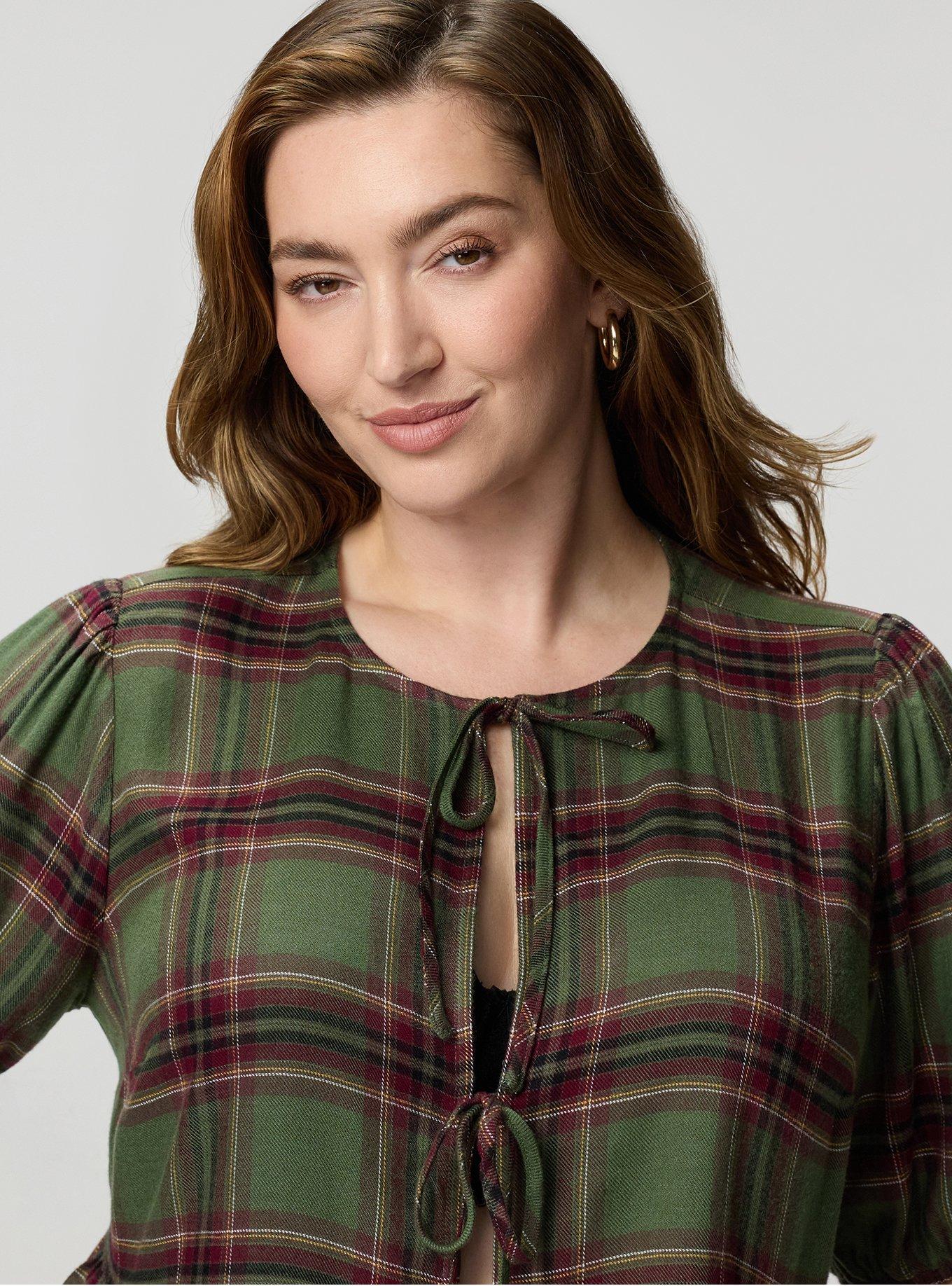 Flannel Tie Front Blouse, NEO PINKY PLAID OLIVE, alternate