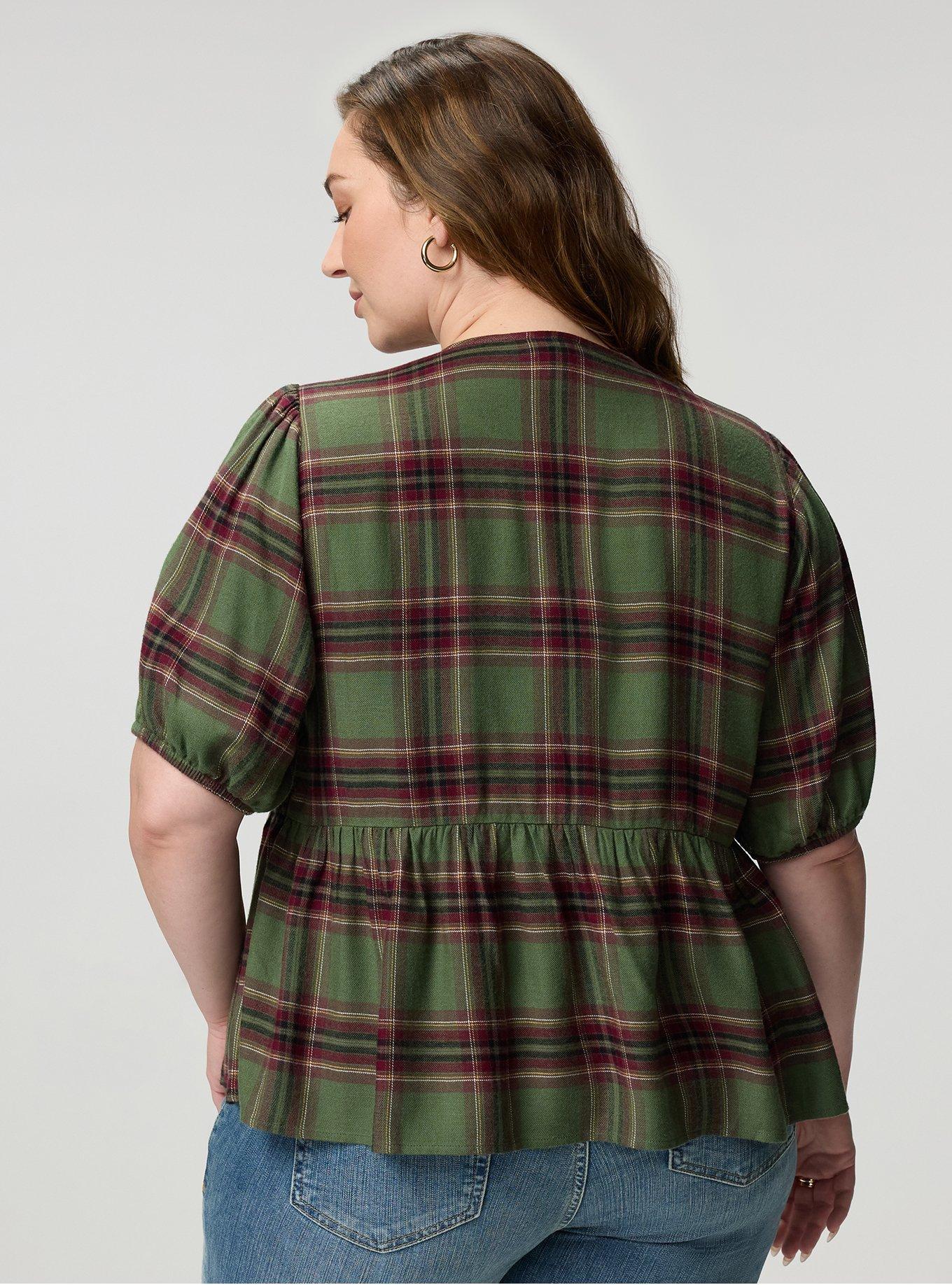 Flannel Tie Front Blouse, NEO PINKY PLAID OLIVE, alternate