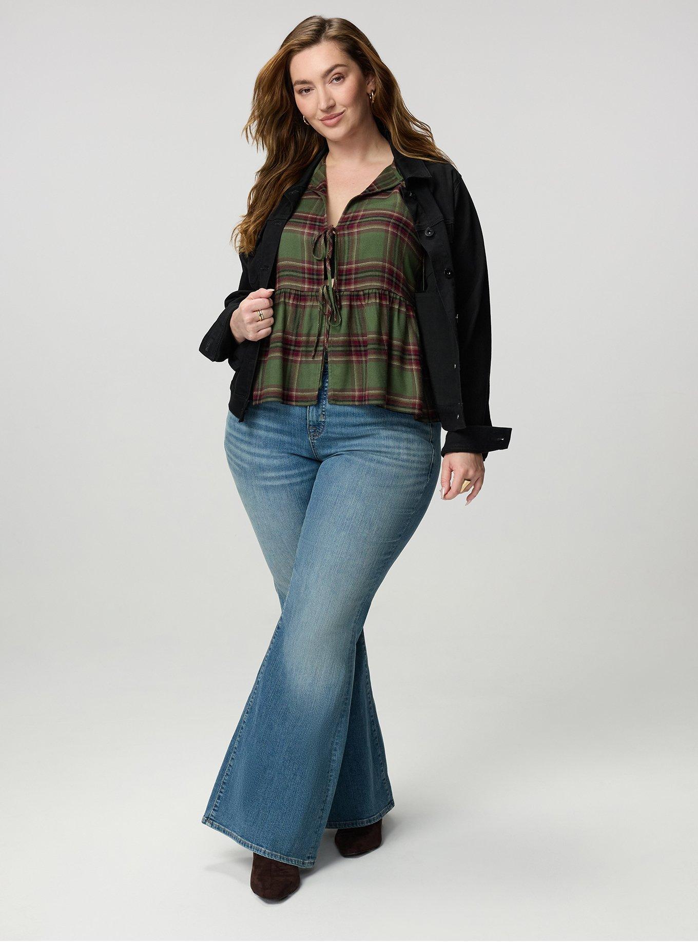 Flannel Tie Front Blouse, NEO PINKY PLAID OLIVE, alternate