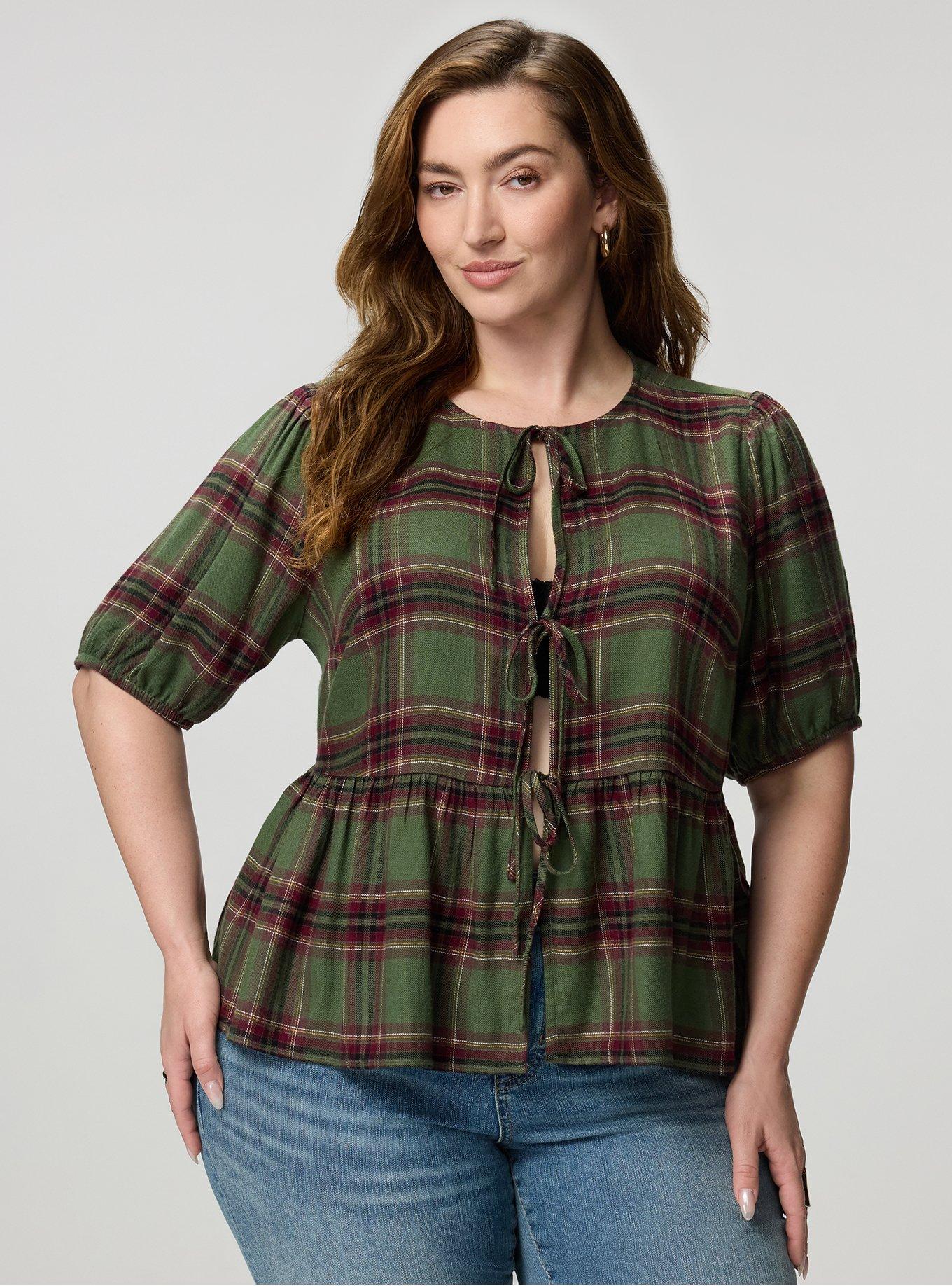 Flannel Tie Front Blouse, NEO PINKY PLAID OLIVE, hi-res