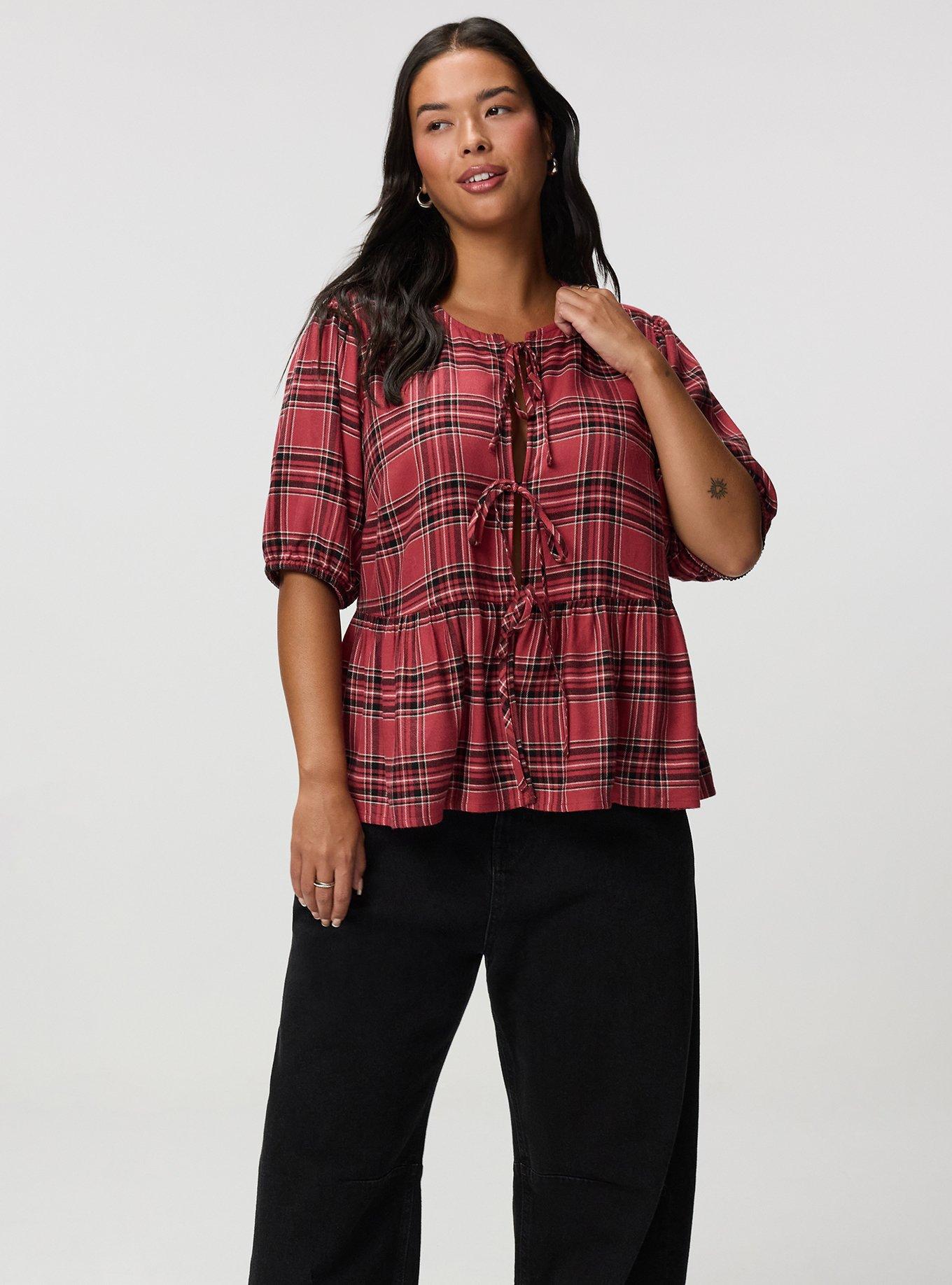 Flannel Tie Front Blouse, SHALL WE PLAID BRICK, alternate