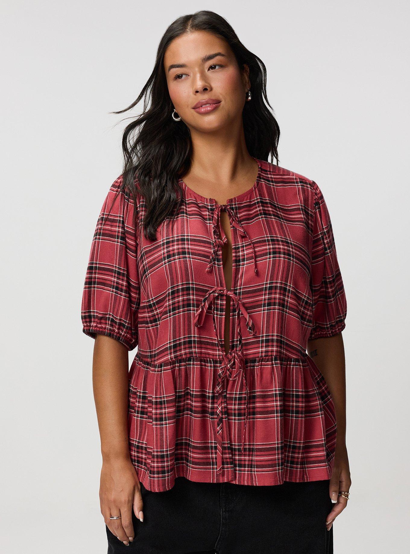 Flannel Tie Front Blouse, SHALL WE PLAID BRICK, alternate