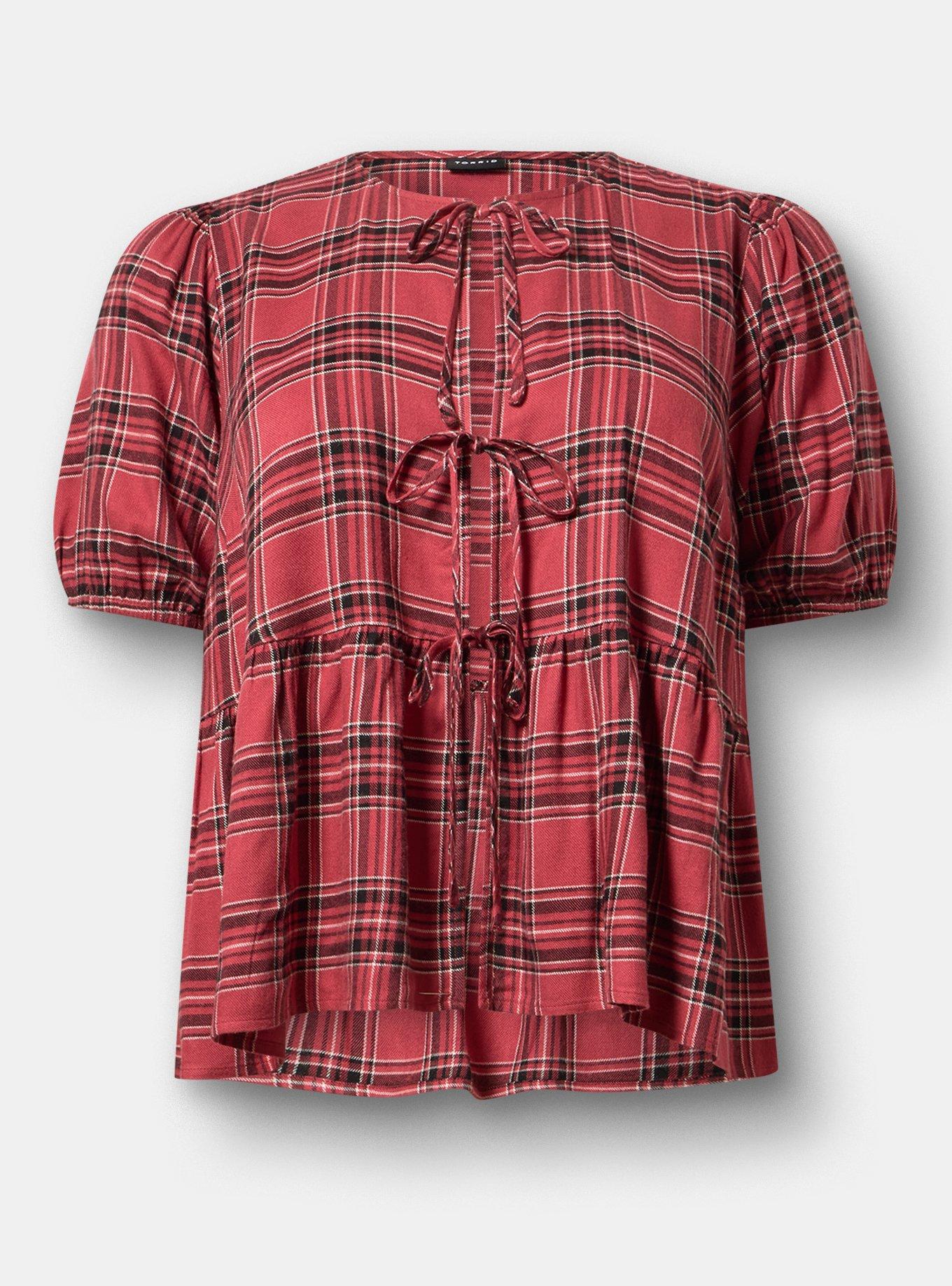 Flannel Tie Front Blouse, SHALL WE PLAID BRICK, flat