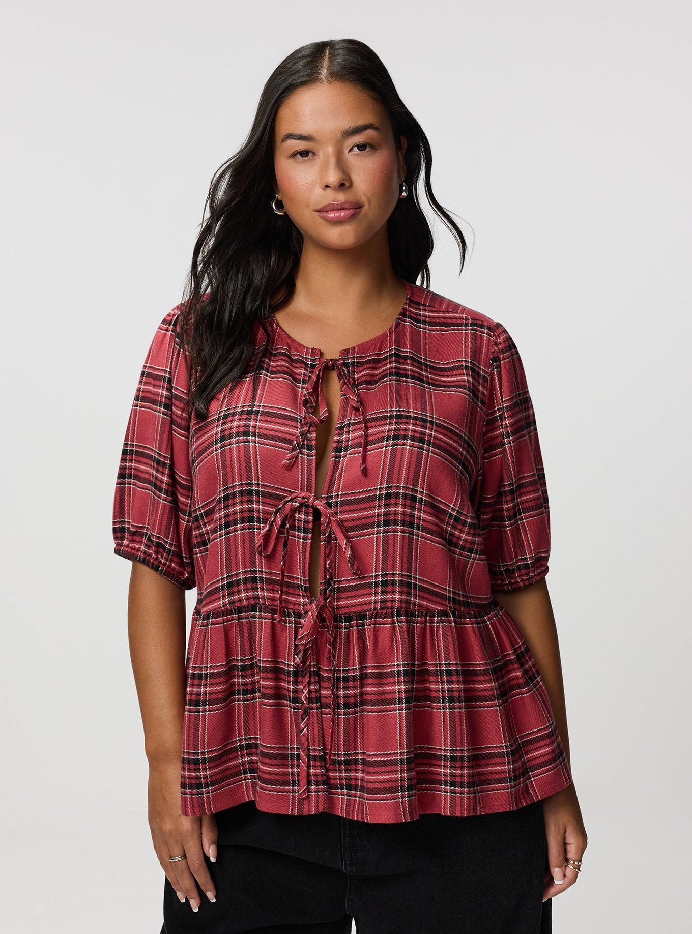 Flannel Tie Front Blouse, SHALL WE PLAID BRICK, hi-res