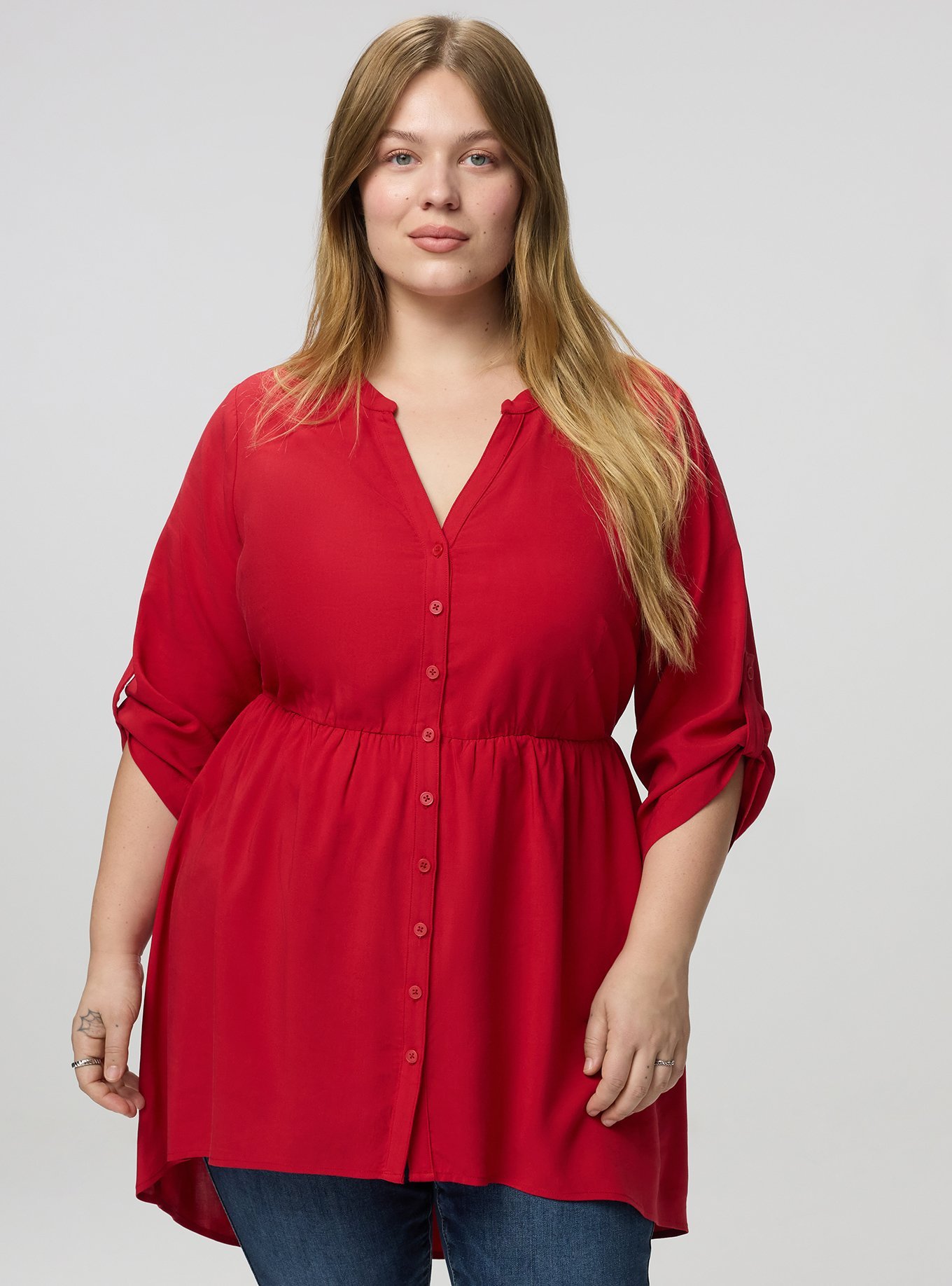Lexie Babydoll 3/4 Sleeve Hi-Low Tunic, JESTER RED, hi-res