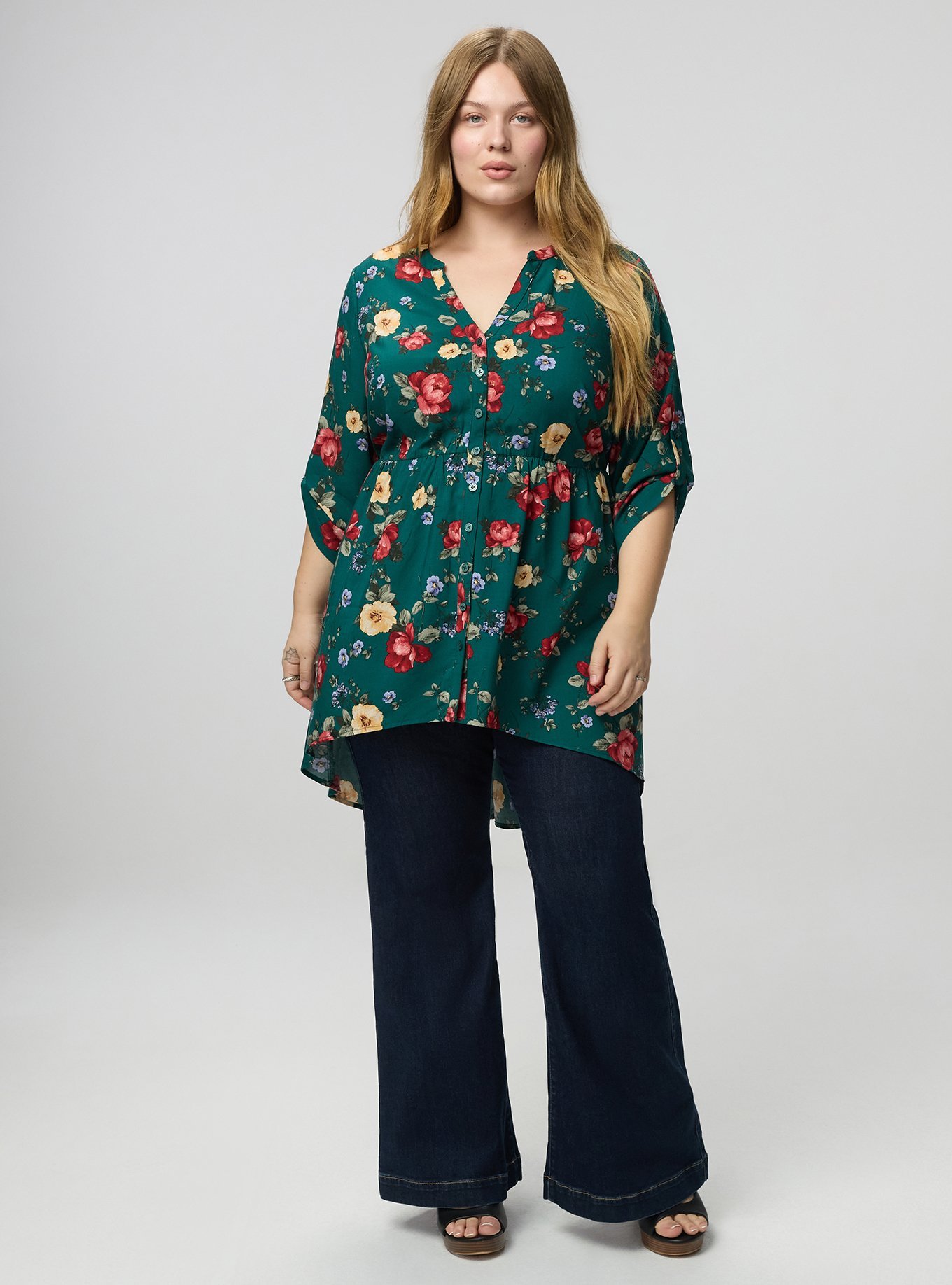 Lexie Babydoll 3/4 Sleeve Hi-Low Tunic, ODE FLORAL GREEN, alternate