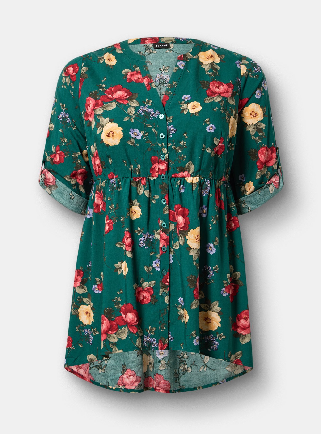 Lexie Babydoll 3/4 Sleeve Hi-Low Tunic, ODE FLORAL GREEN, flat