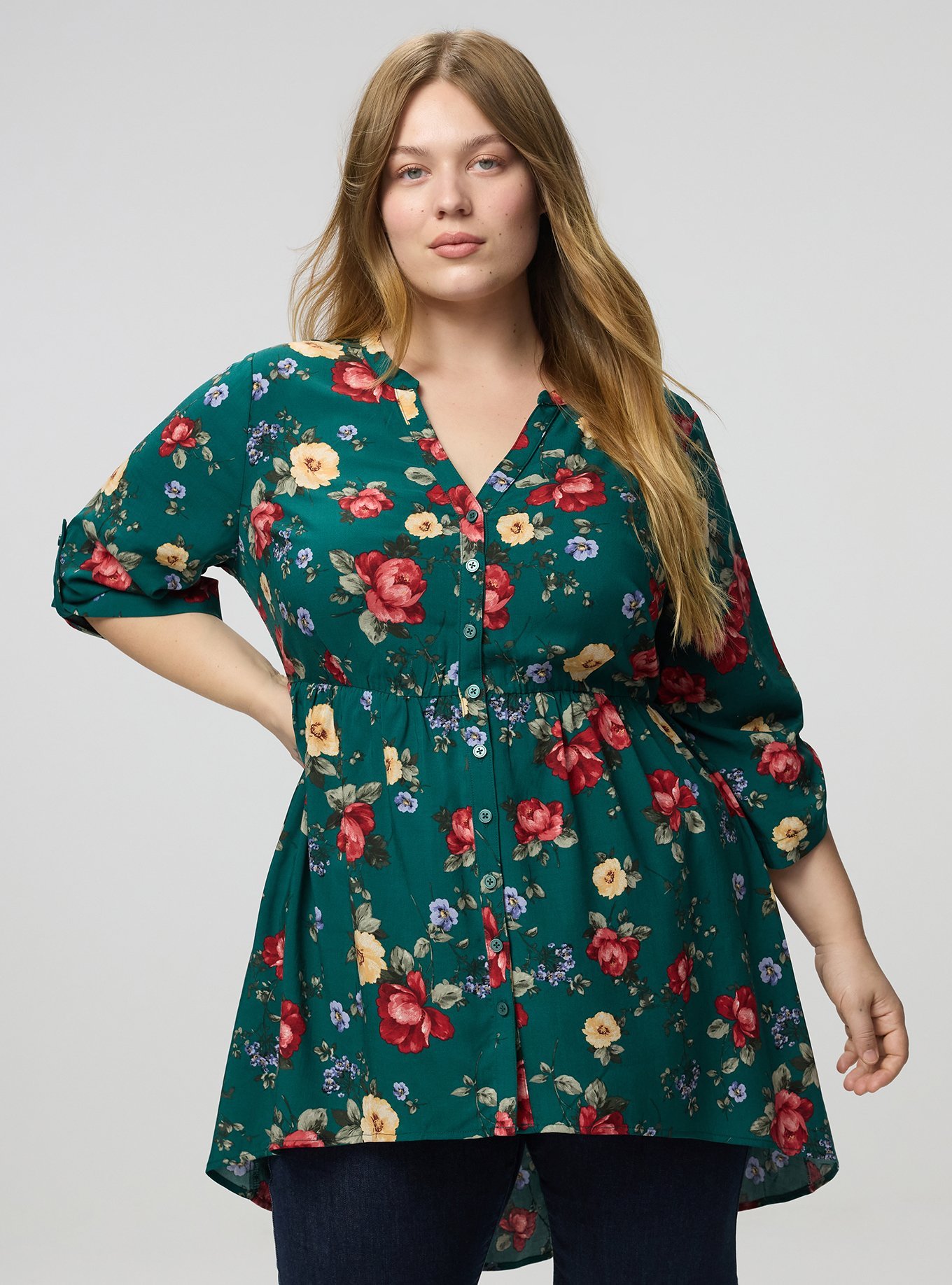 Lexie Babydoll 3/4 Sleeve Hi-Low Tunic, ODE FLORAL GREEN, hi-res