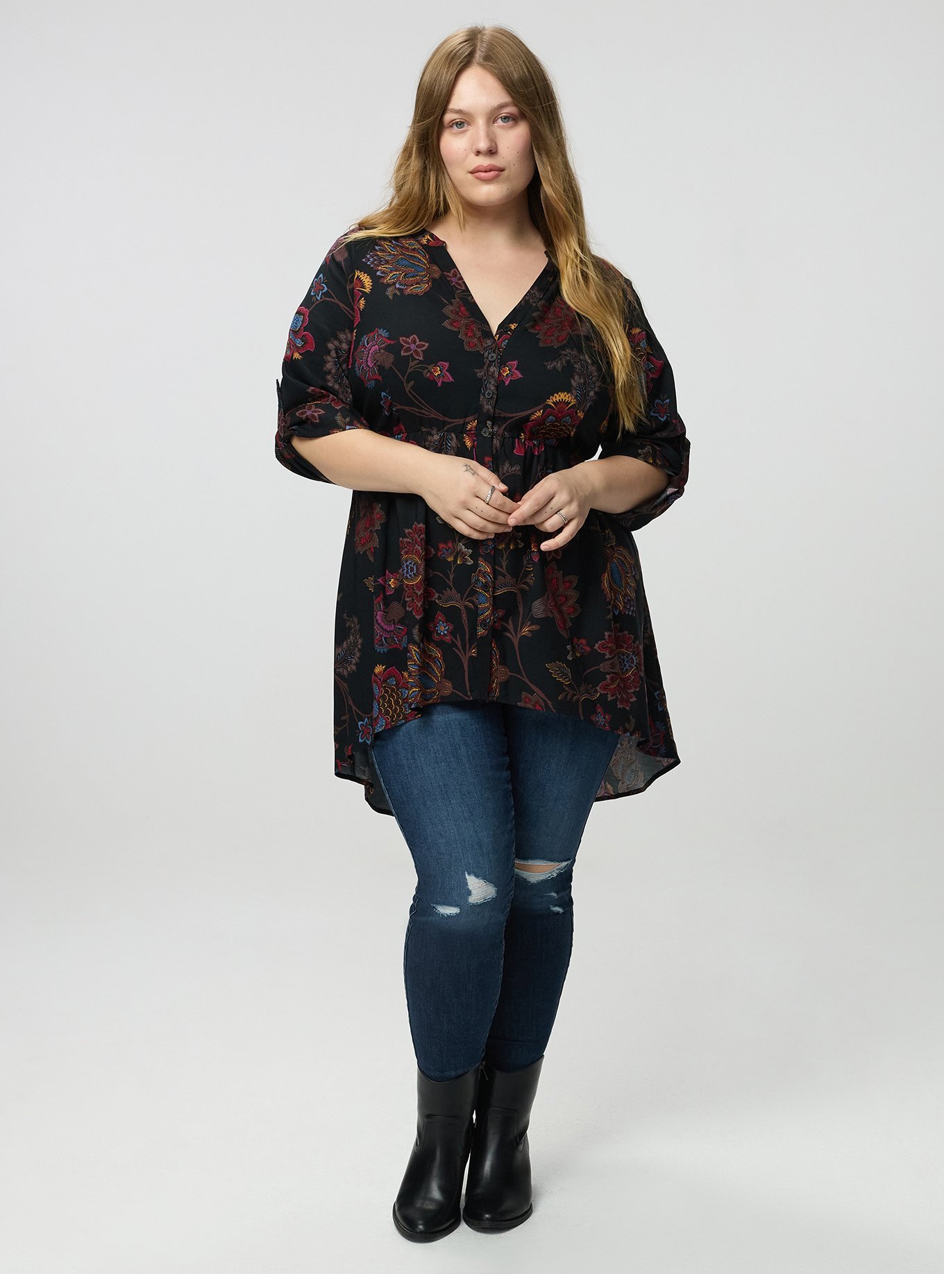 Lexie Babydoll 3/4 Sleeve Hi-Low Tunic, JUNIPER JACOBEAN MULTI, alternate