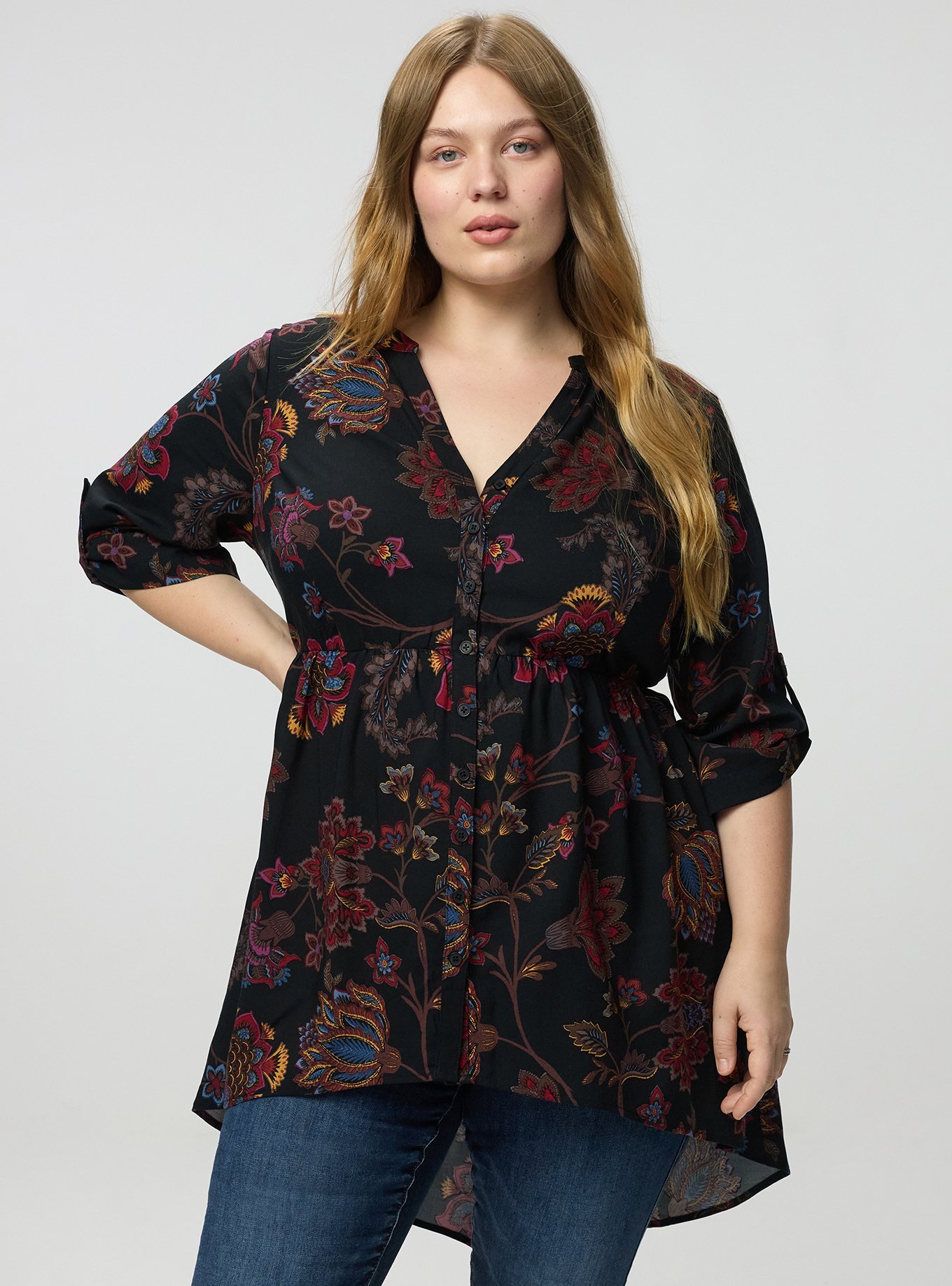 Lexie Babydoll 3/4 Sleeve Hi-Low Tunic, JUNIPER JACOBEAN MULTI, alternate