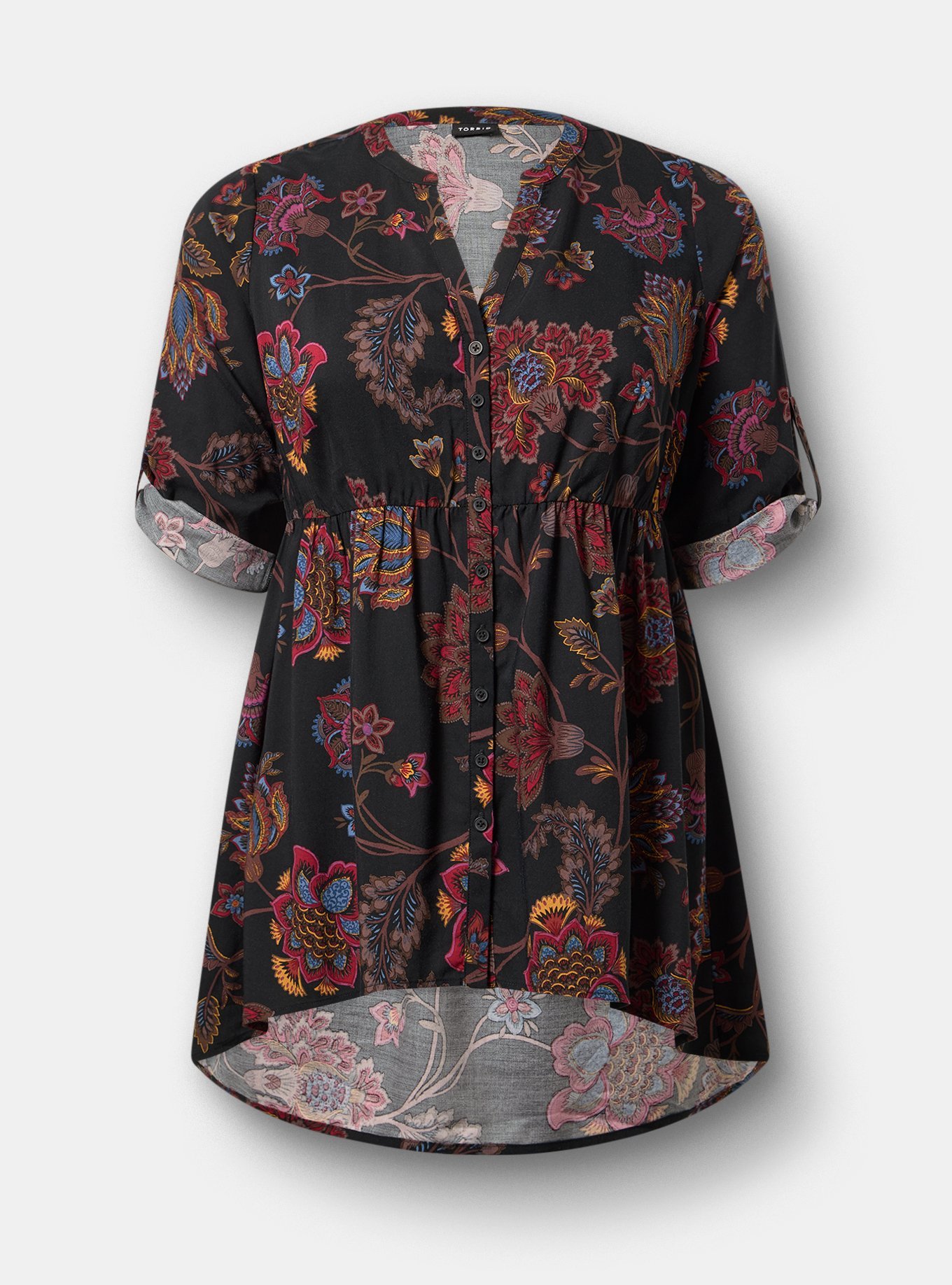 Lexie Babydoll 3/4 Sleeve Hi-Low Tunic, JUNIPER JACOBEAN MULTI, flat