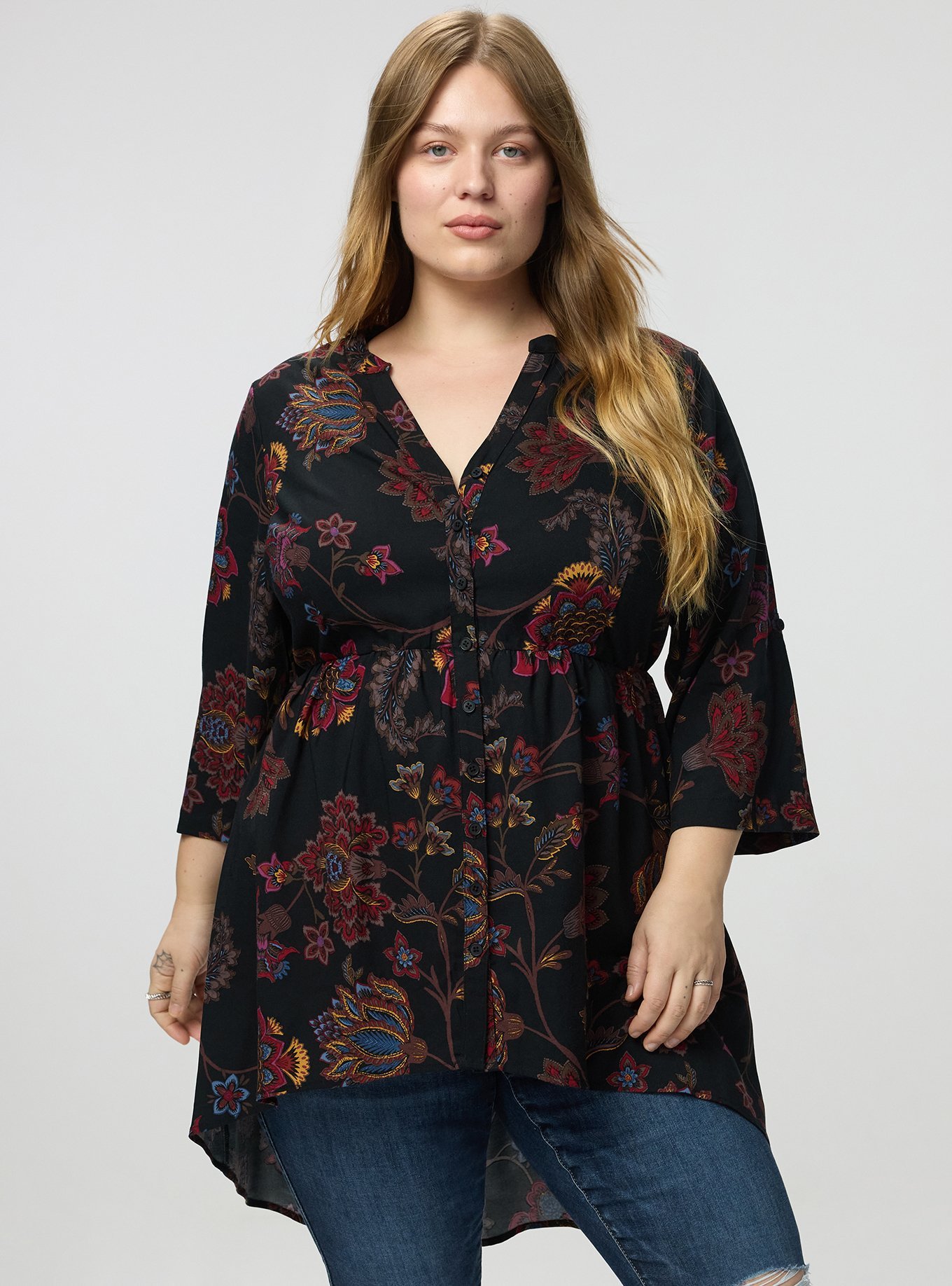 Lexie Babydoll 3/4 Sleeve Hi-Low Tunic, JUNIPER JACOBEAN MULTI, hi-res