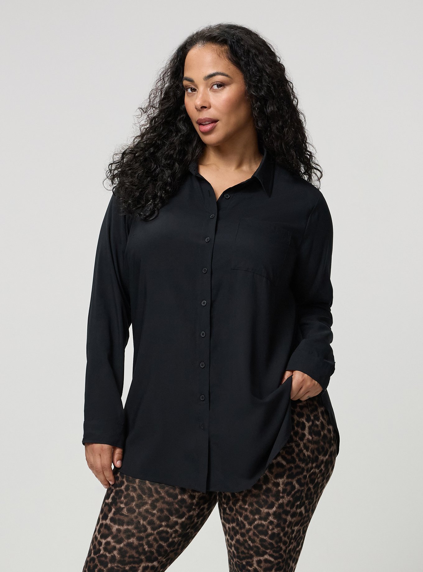 Lizzie Button Up Challis Tunic, DEEP BLACK, hi-res