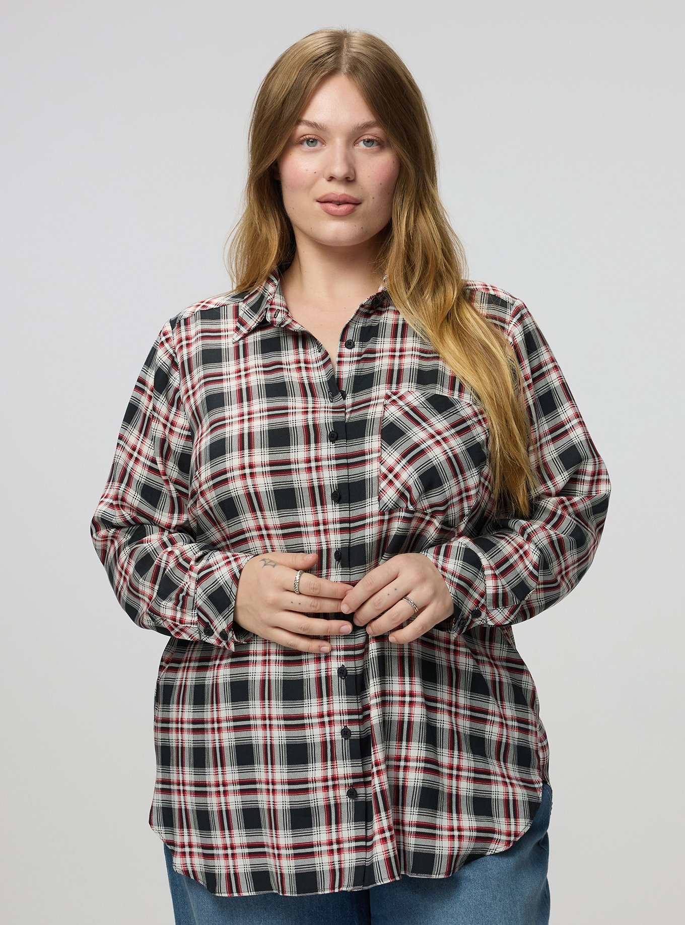 Lizzie Button Up Challis Tunic, MALIA PLAID BLACK, alternate