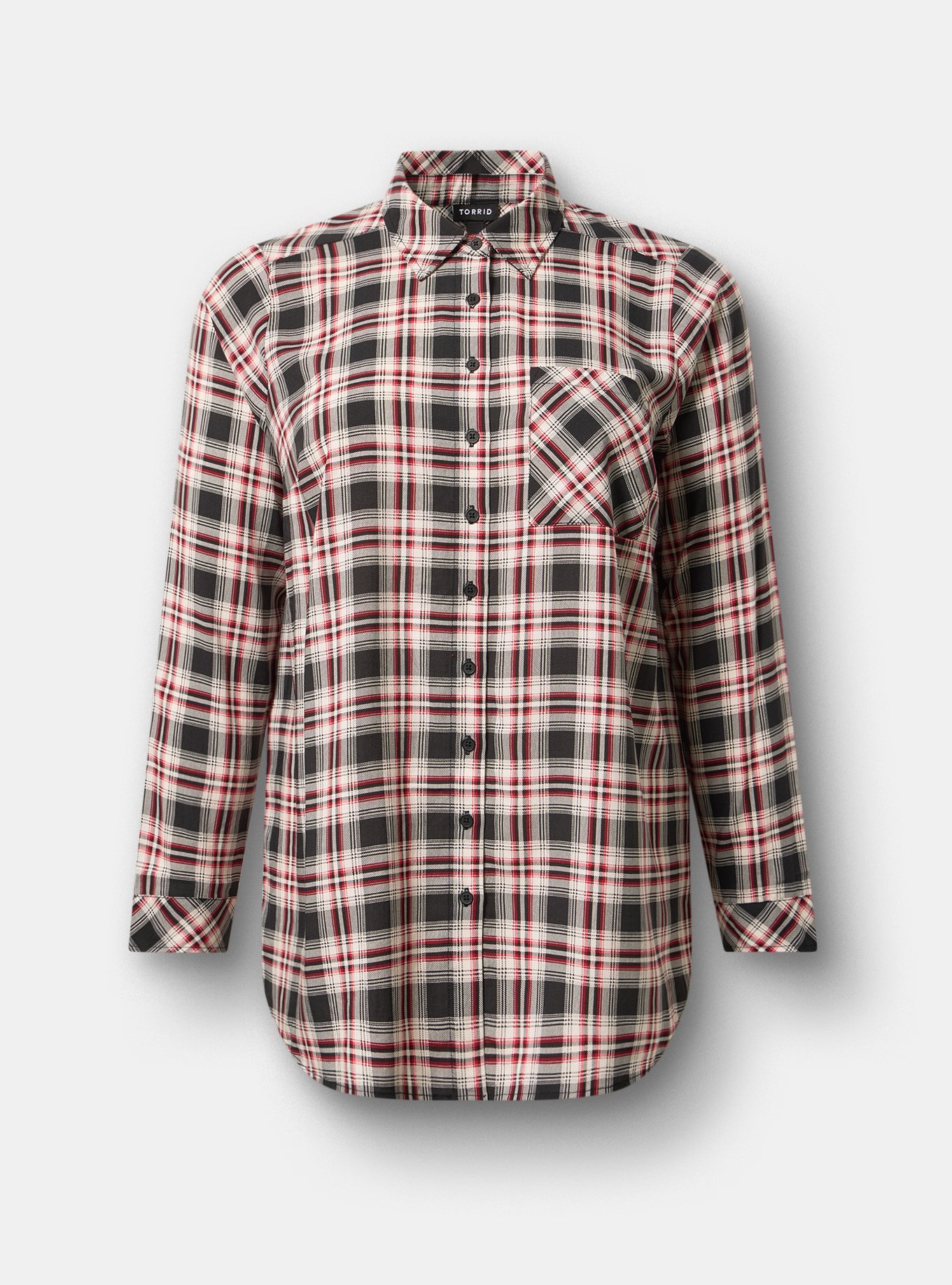 Lizzie Button Up Challis Tunic, MALIA PLAID BLACK, flat