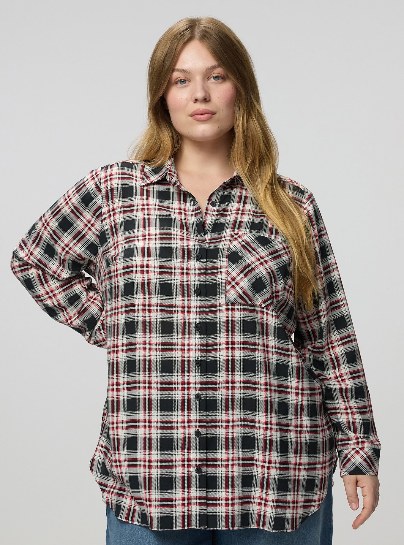 Lizzie Button Up Challis Tunic, MALIA PLAID BLACK, hi-res
