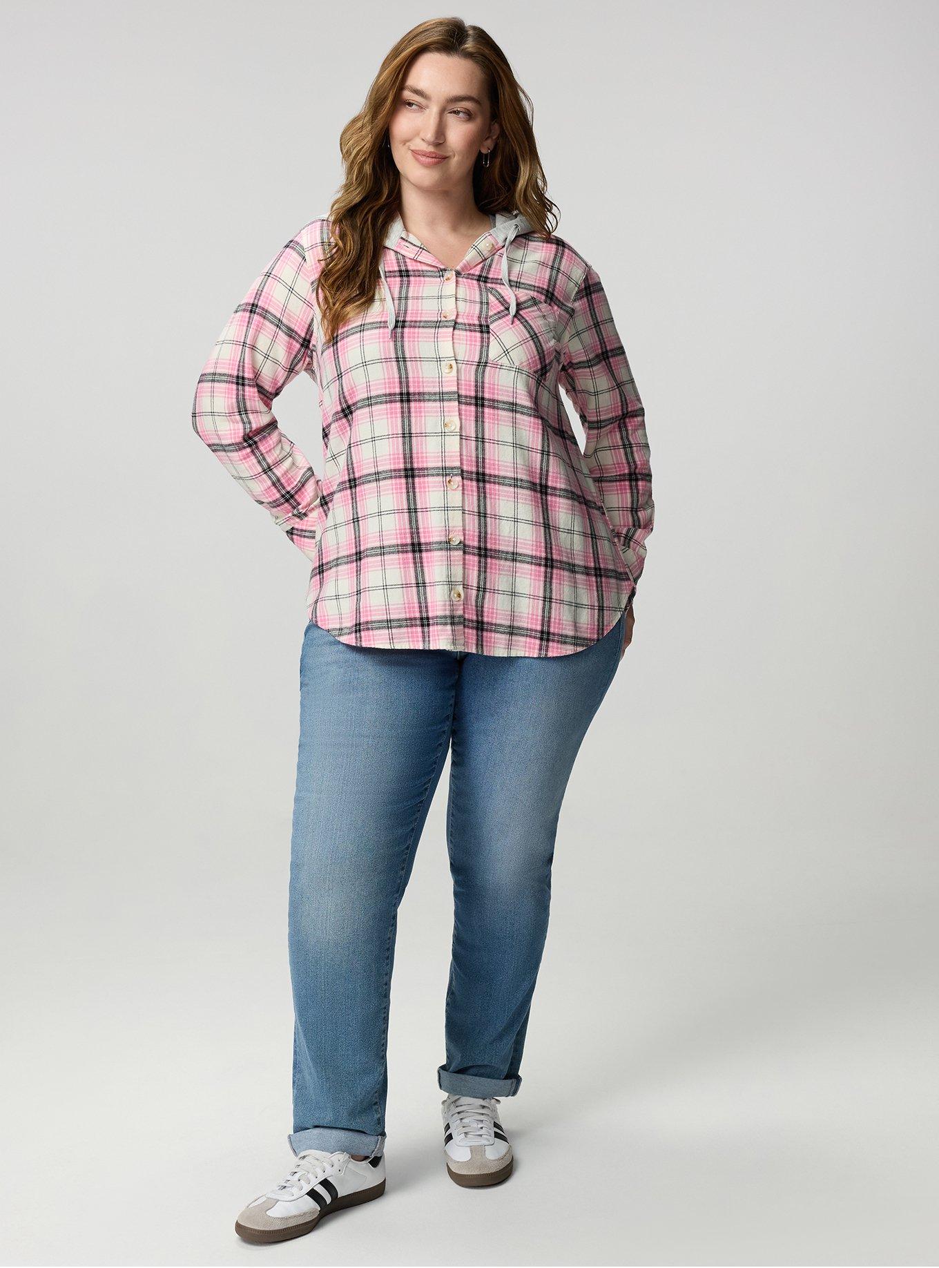 Cotton Flannel Hoodie Button Up, MORE PLAID PINK, alternate