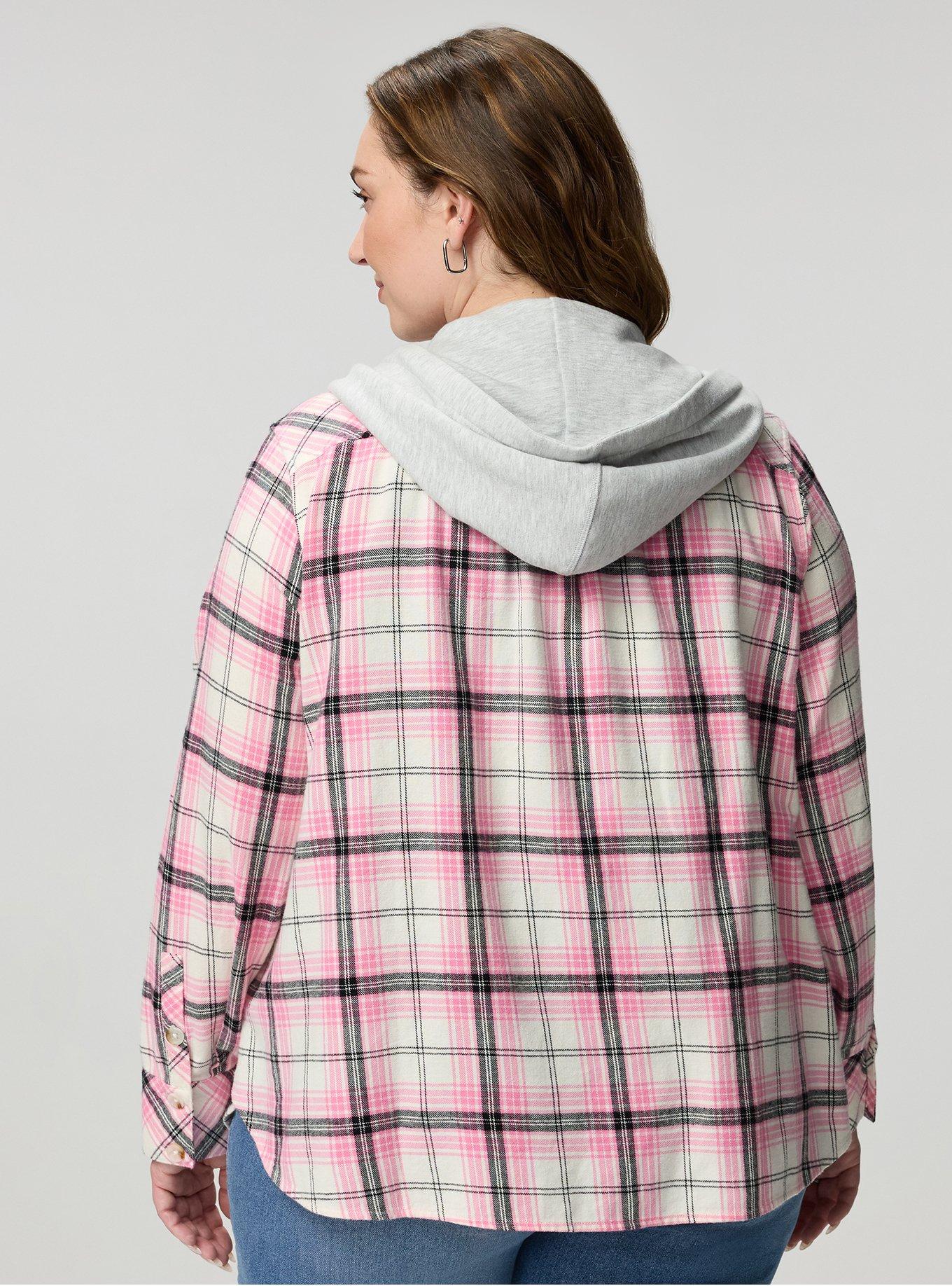 Cotton Flannel Hoodie Button Up, MORE PLAID PINK, alternate