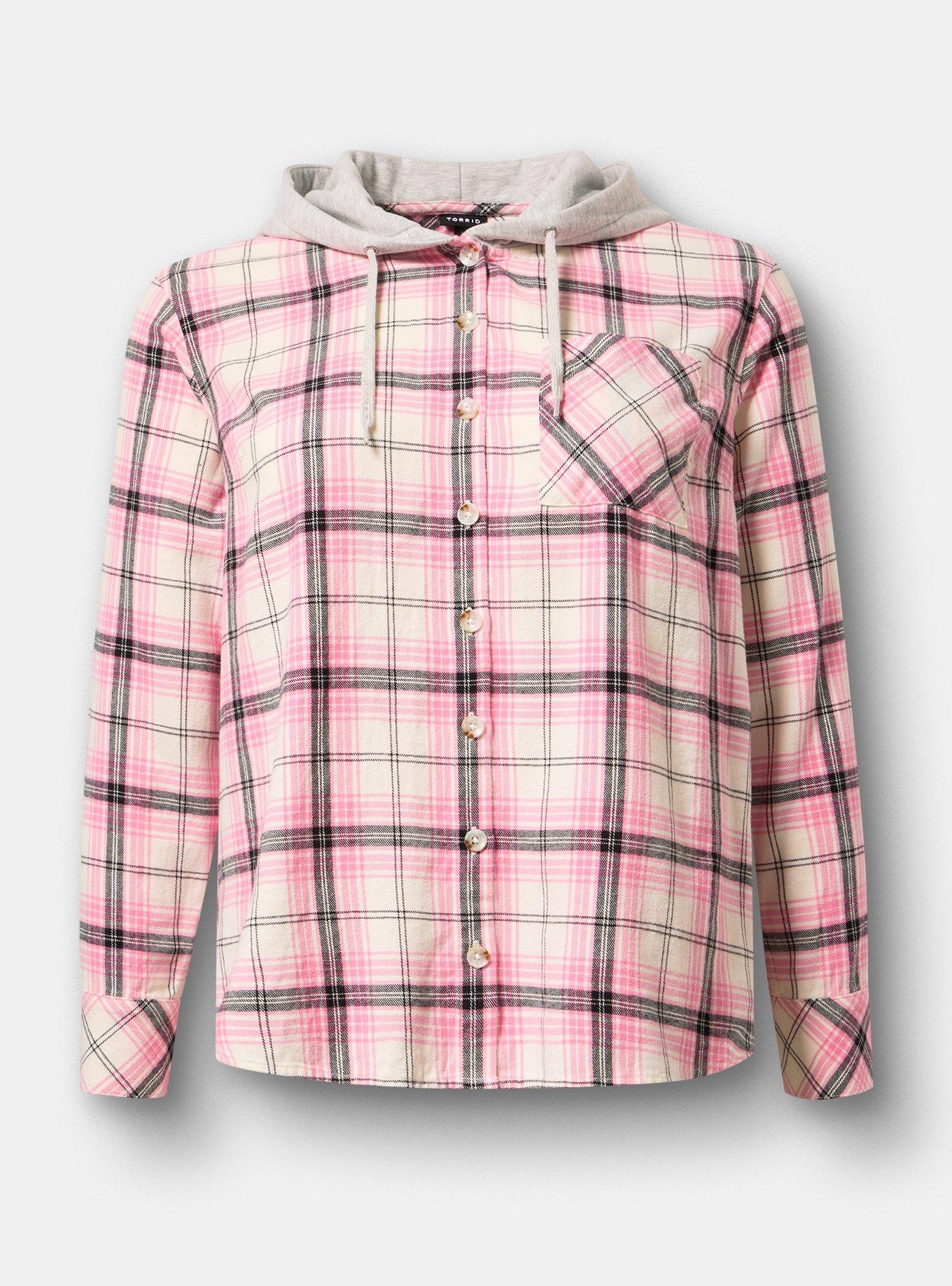 Cotton Flannel Hoodie Button Up, MORE PLAID PINK, flat