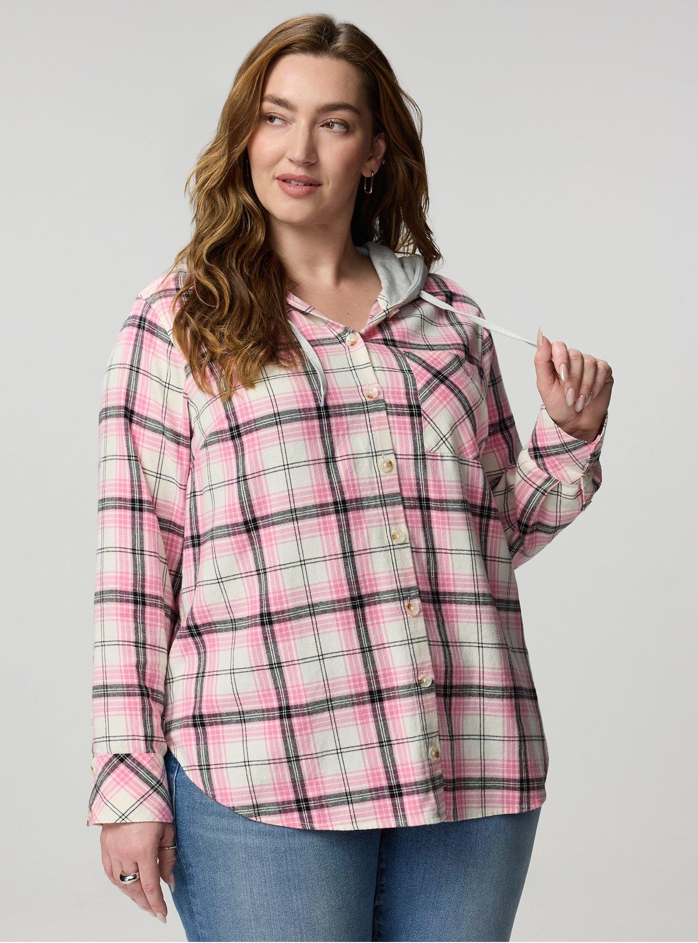 Cotton Flannel Hoodie Button Up, MORE PLAID PINK, hi-res
