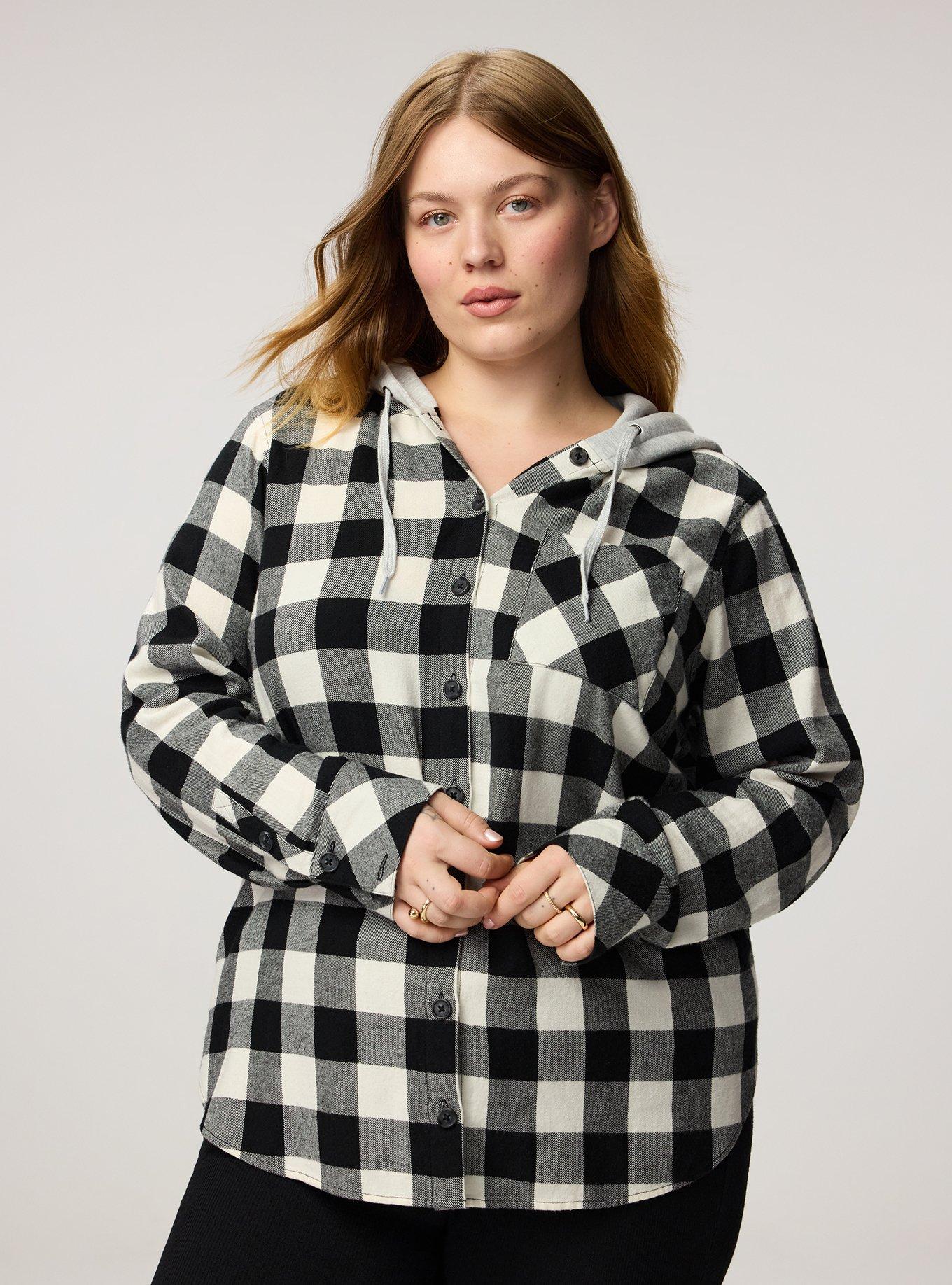 Cotton Flannel Hoodie Button Up, ALFRESCO PLAID IVORY, hi-res