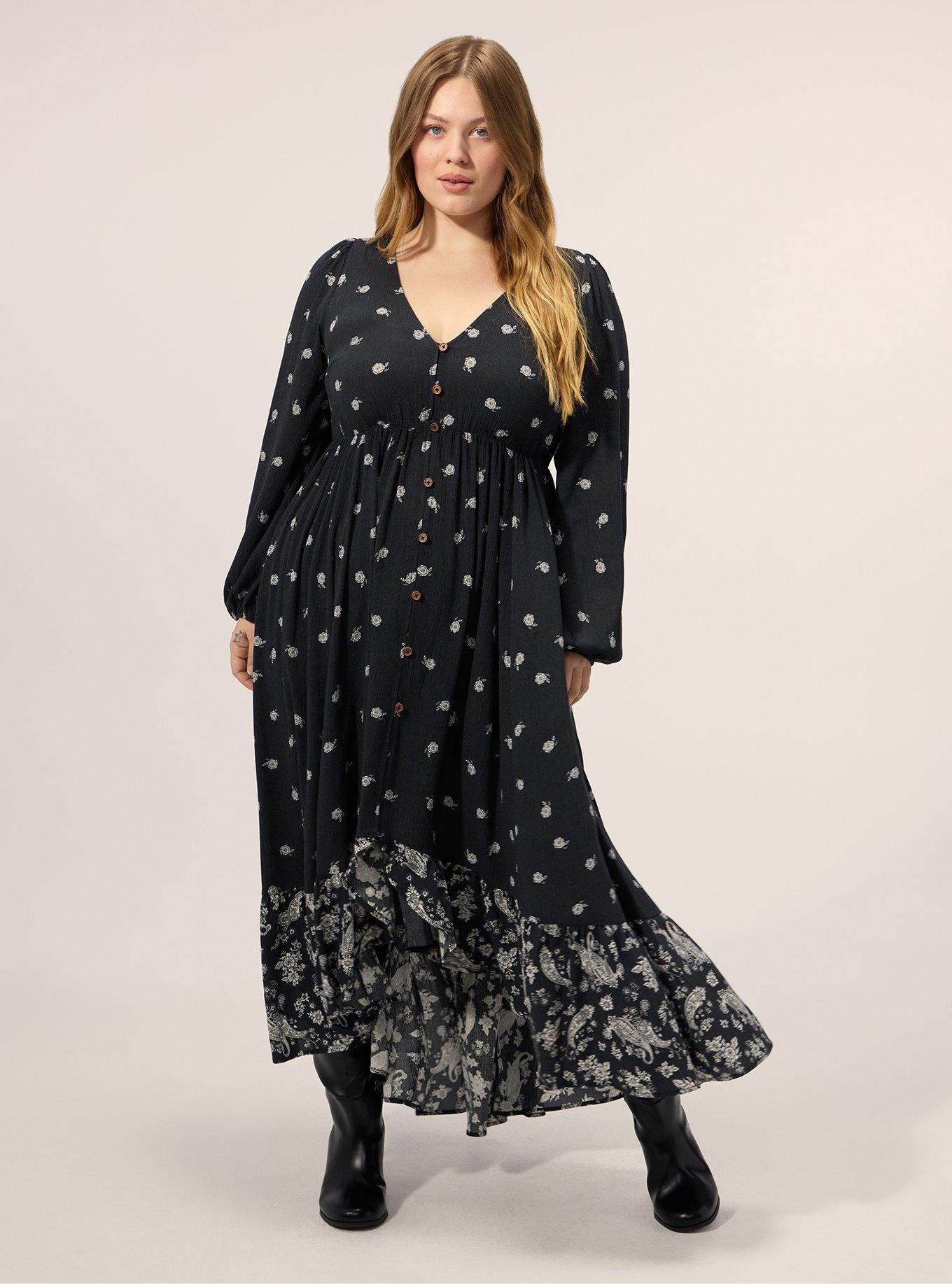 Plus Size Festi Button Front Tiered Maxi Dress, MEGAN DITSY FLORAL BLACK, alternate