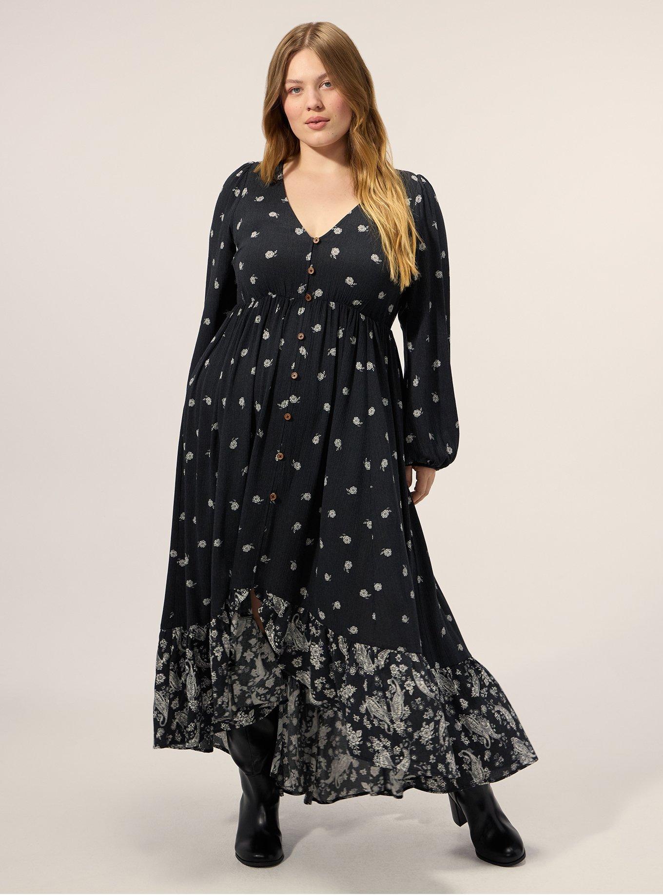 Plus Size Festi Button Front Tiered Maxi Dress, MEGAN DITSY FLORAL BLACK, hi-res