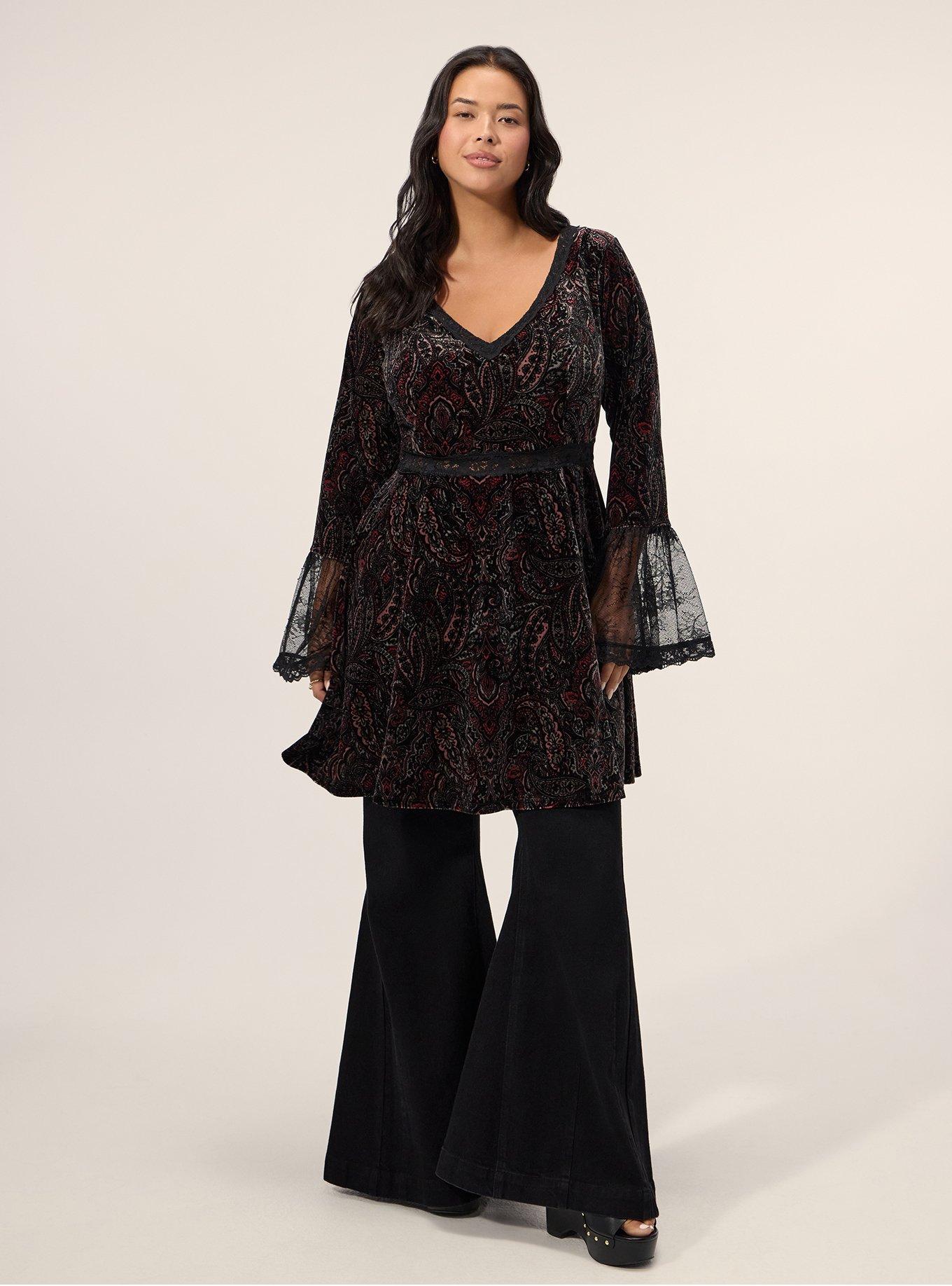 Festi Velour & Lace Bell Sleeve Mini Dress, ORNATE DECORATION BURGUNDY DEEP BLACK, alternate