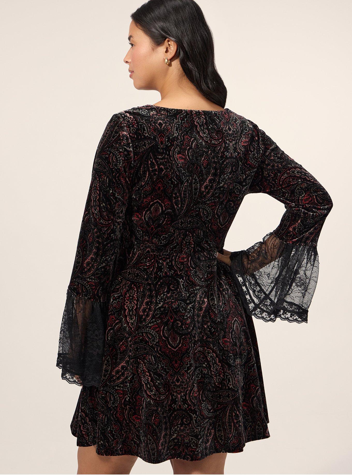 Festi Velour & Lace Bell Sleeve Mini Dress, ORNATE DECORATION BURGUNDY DEEP BLACK, alternate