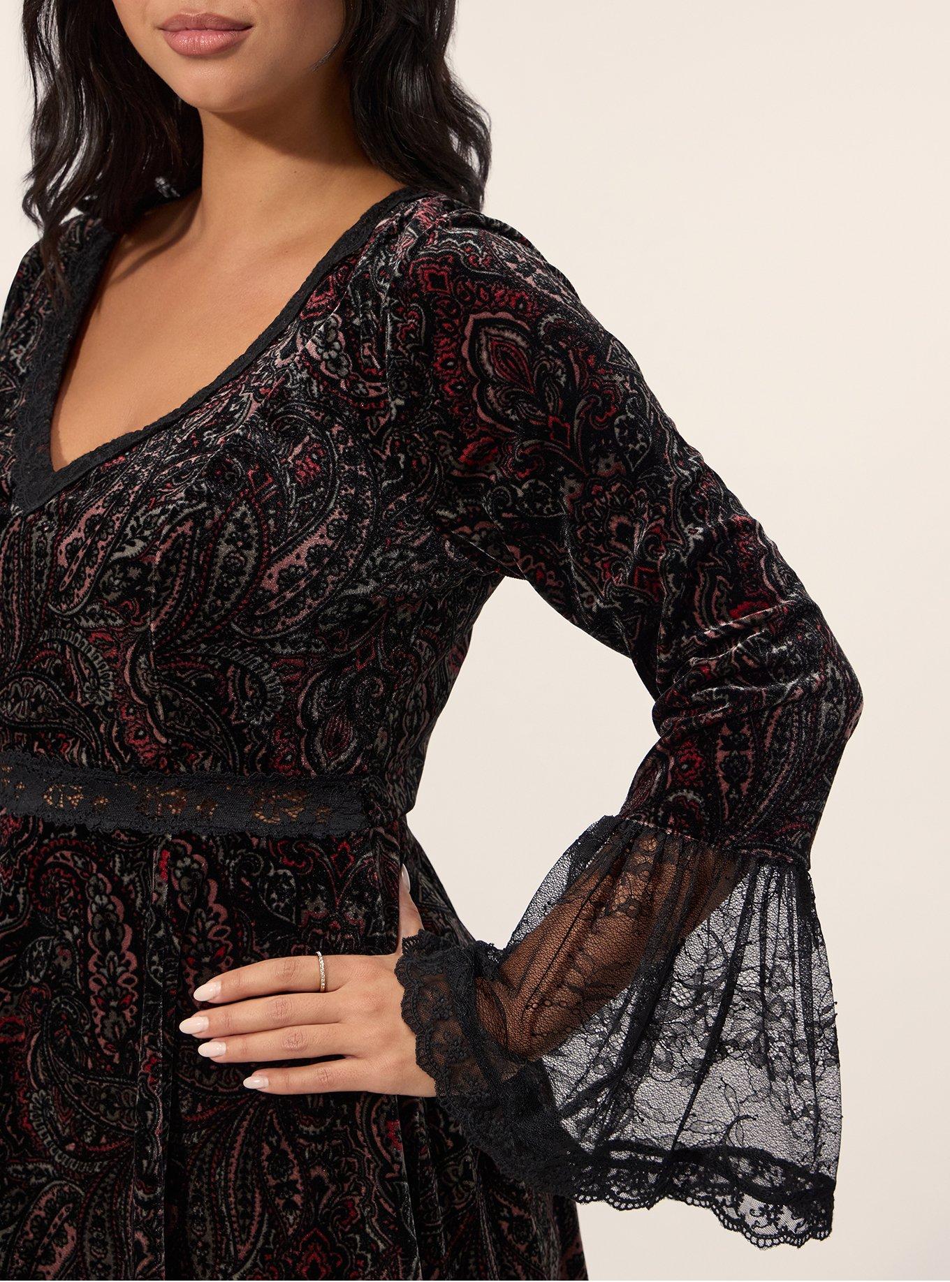 Festi Velour & Lace Bell Sleeve Mini Dress, ORNATE DECORATION BURGUNDY DEEP BLACK, alternate