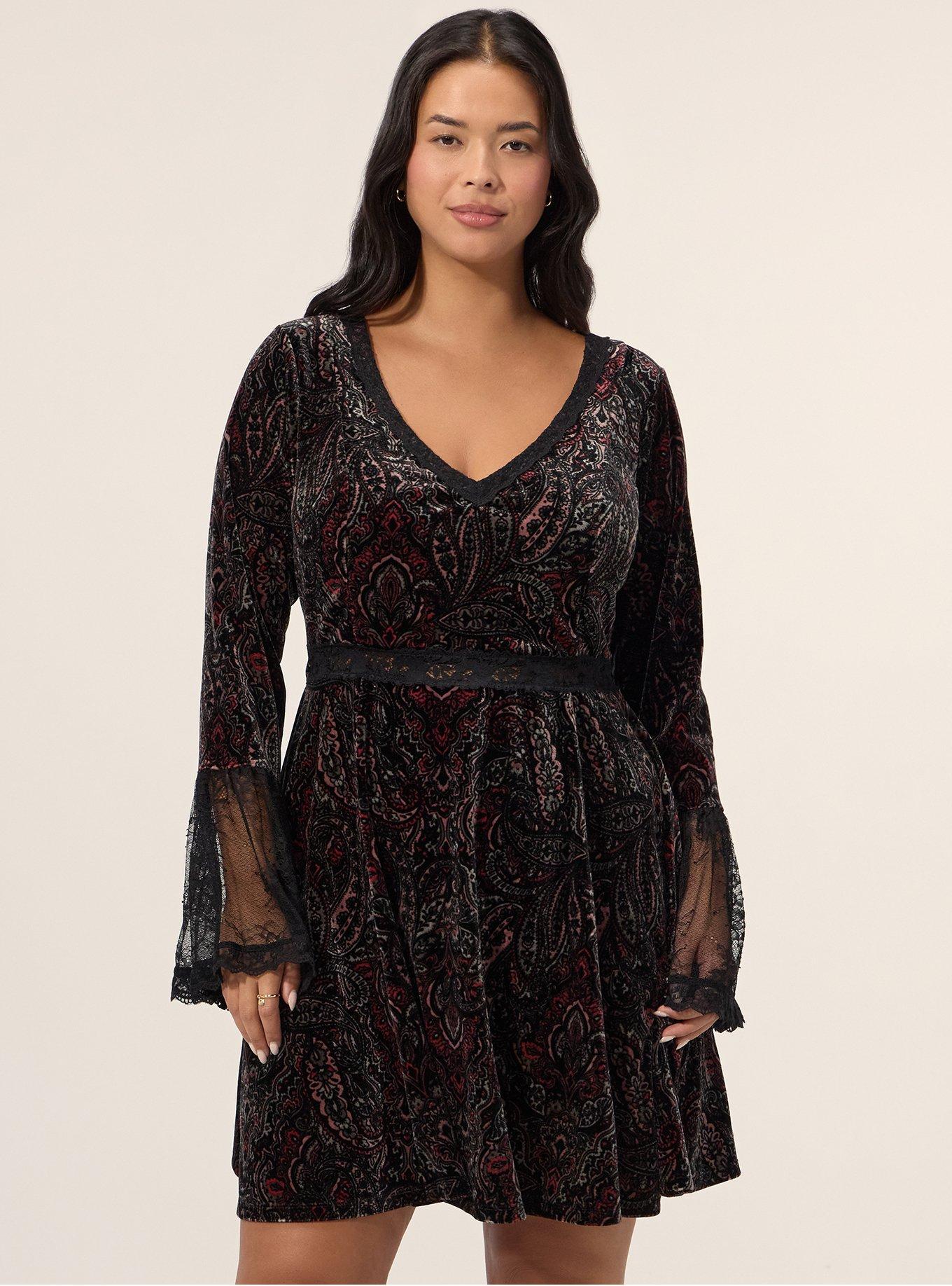 Festi Velour & Lace Bell Sleeve Mini Dress, ORNATE DECORATION BURGUNDY DEEP BLACK, hi-res
