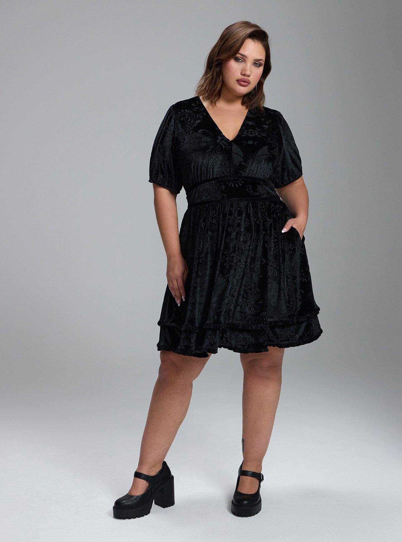 Plus Size Nightfall Burnout Velvet Mini Dress, BAT DAMASK DEEP BLACK BURNOUT, alternate