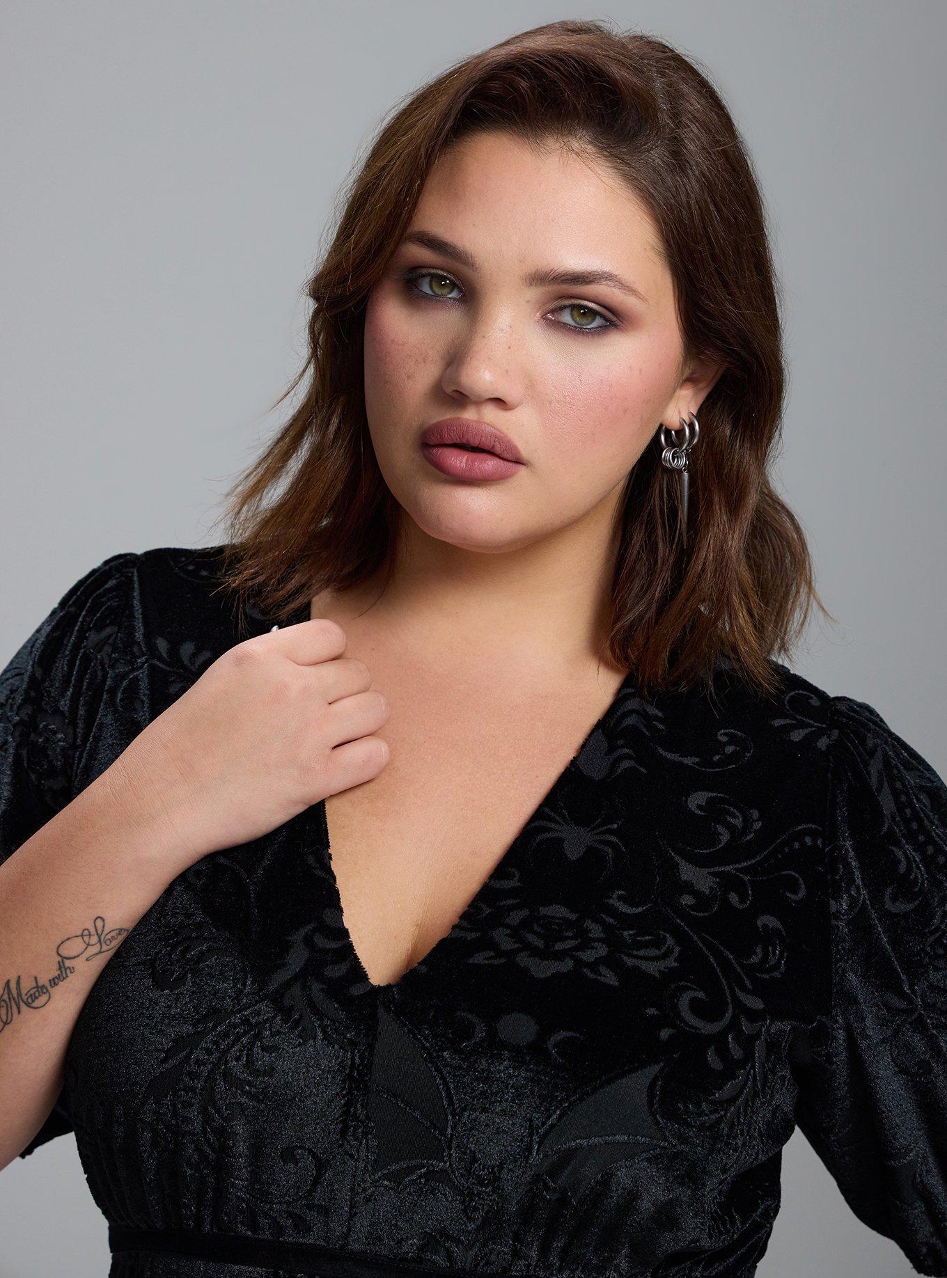 Plus Size Nightfall Burnout Velvet Mini Dress, BAT DAMASK DEEP BLACK BURNOUT, alternate