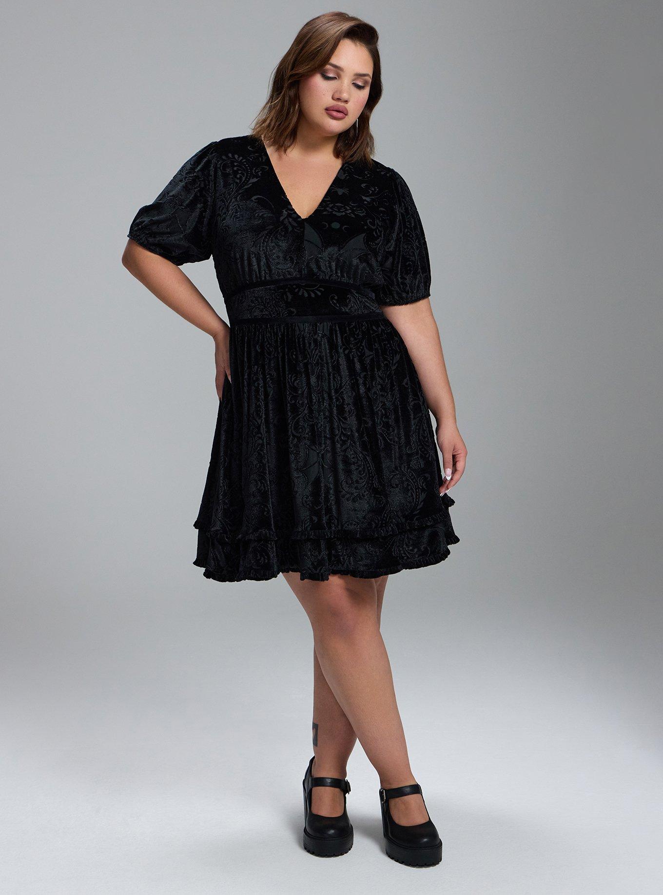 Plus Size Nightfall Burnout Velvet Mini Dress, BAT DAMASK DEEP BLACK BURNOUT, alternate