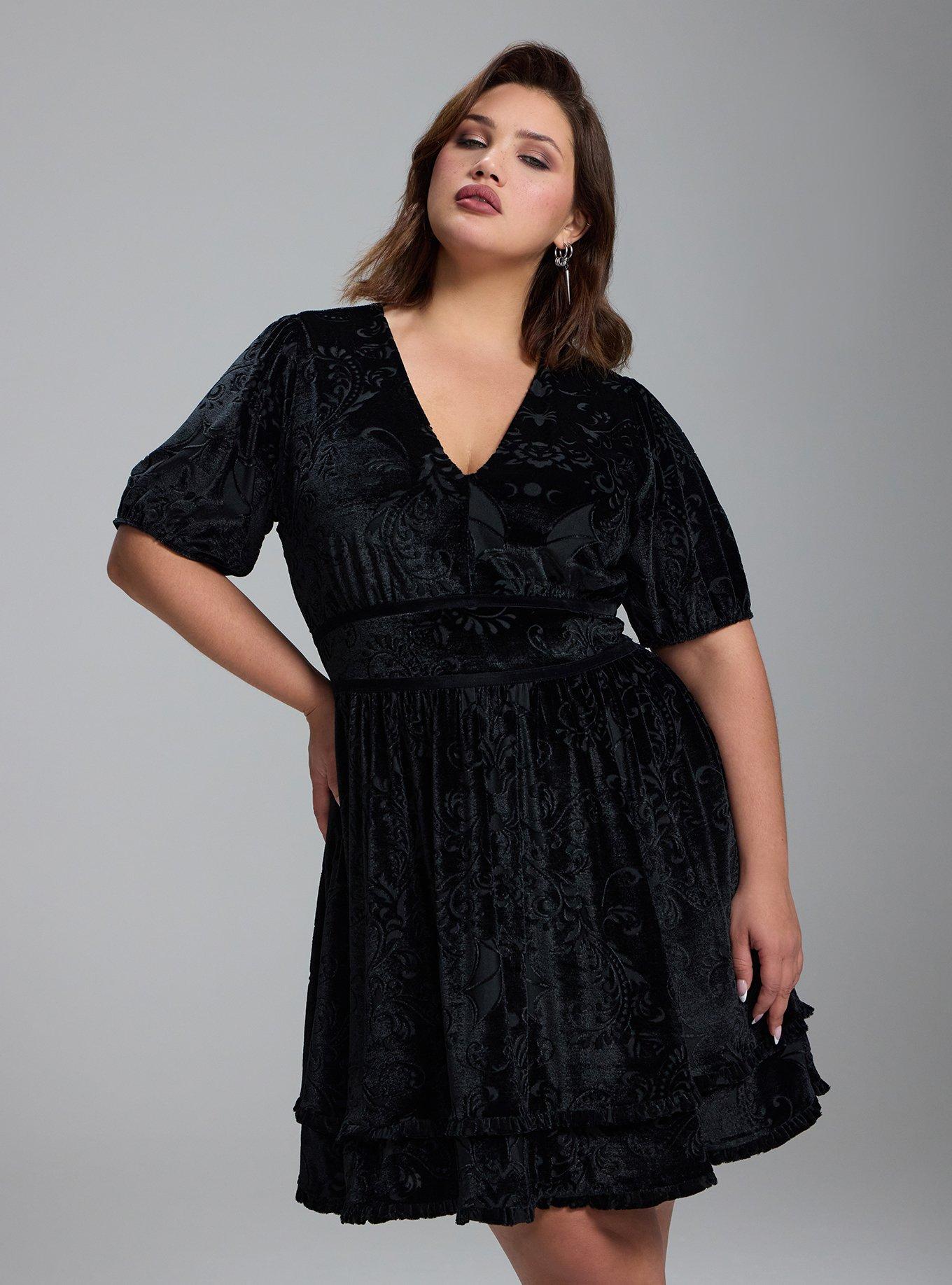 Plus Size Nightfall Burnout Velvet Mini Dress, BAT DAMASK DEEP BLACK BURNOUT, hi-res