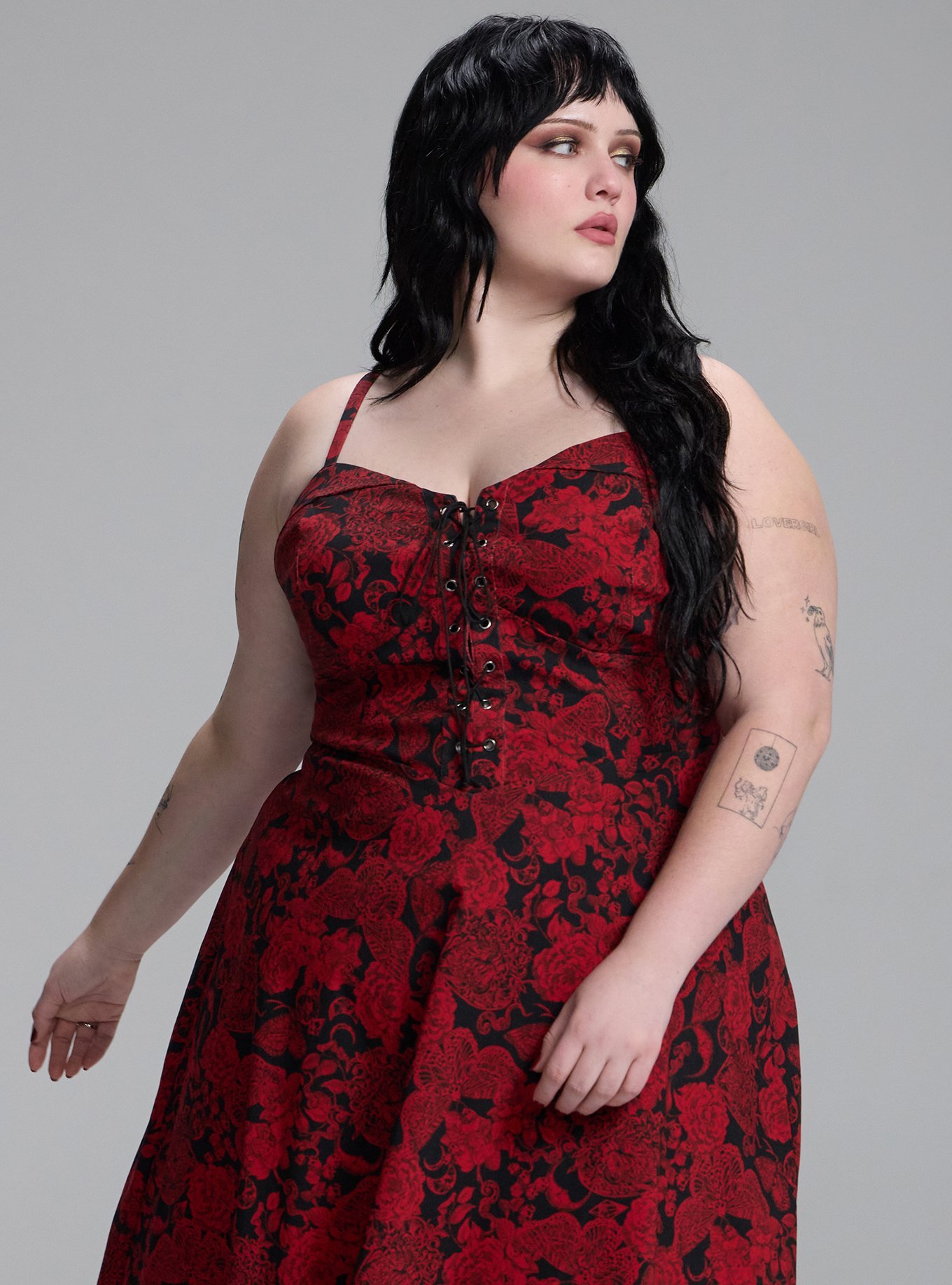 Nightfall Corset Midi Dress, DEATH MOTH FLORAL RED, alternate