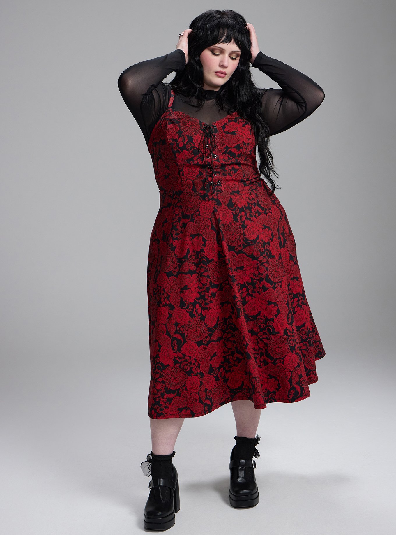Nightfall Corset Midi Dress, DEATH MOTH FLORAL RED, alternate