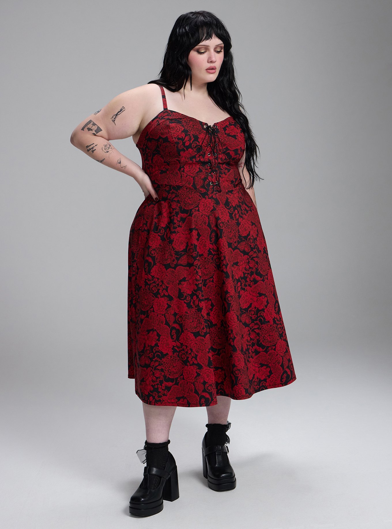Nightfall Corset Midi Dress, DEATH MOTH FLORAL RED, hi-res