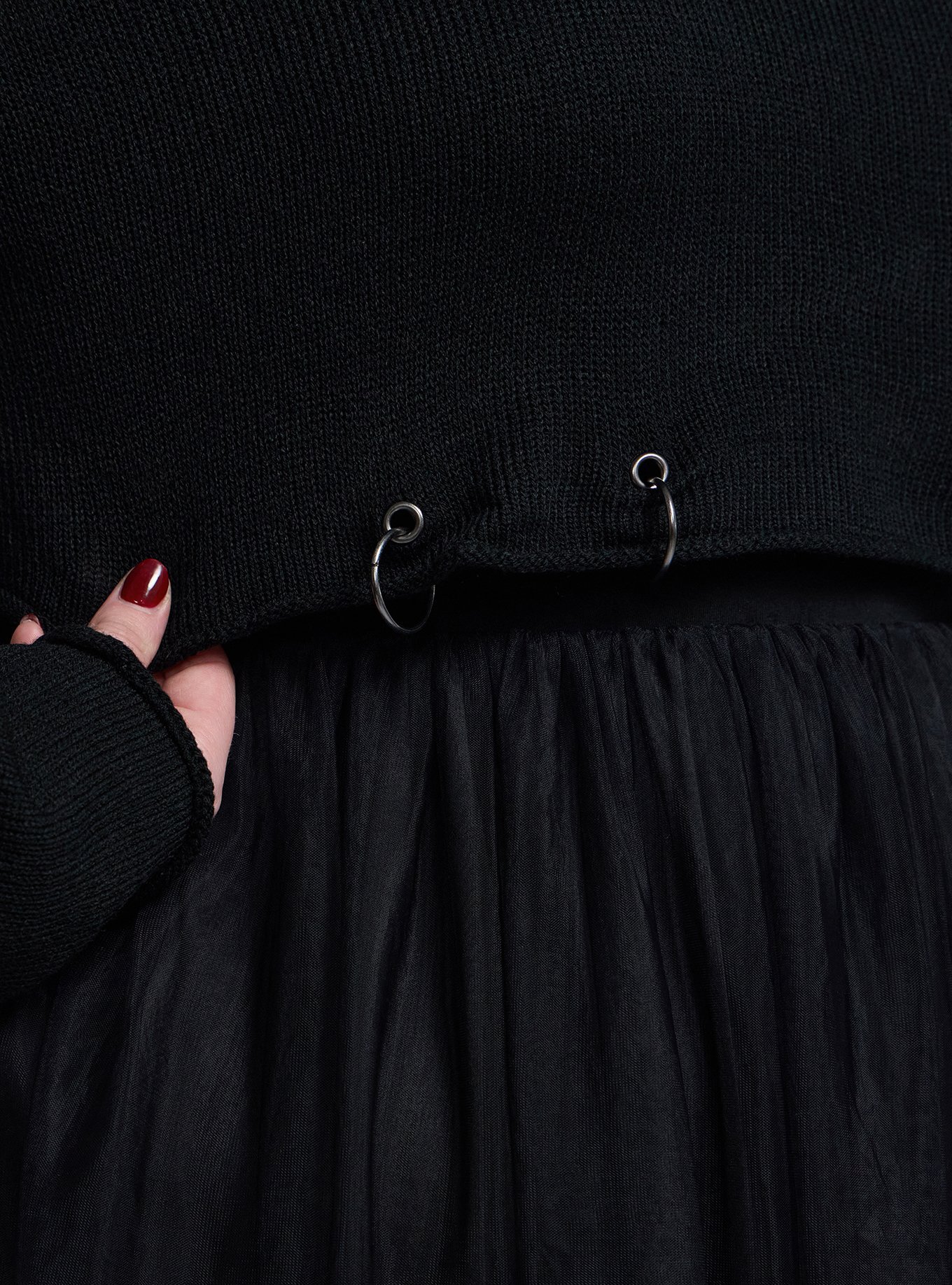Nightfall Mock Neck Pierced Sweater, DEEP BLACK, alternate