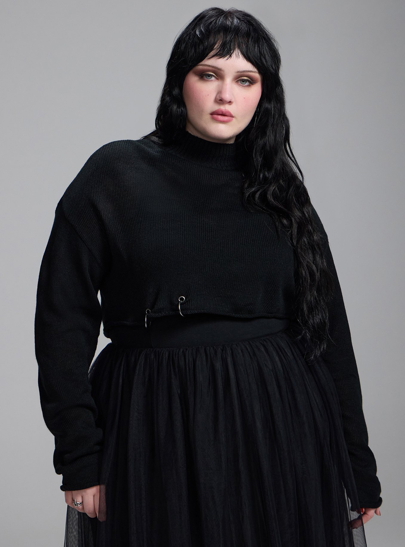 Nightfall Mock Neck Pierced Sweater, DEEP BLACK, hi-res